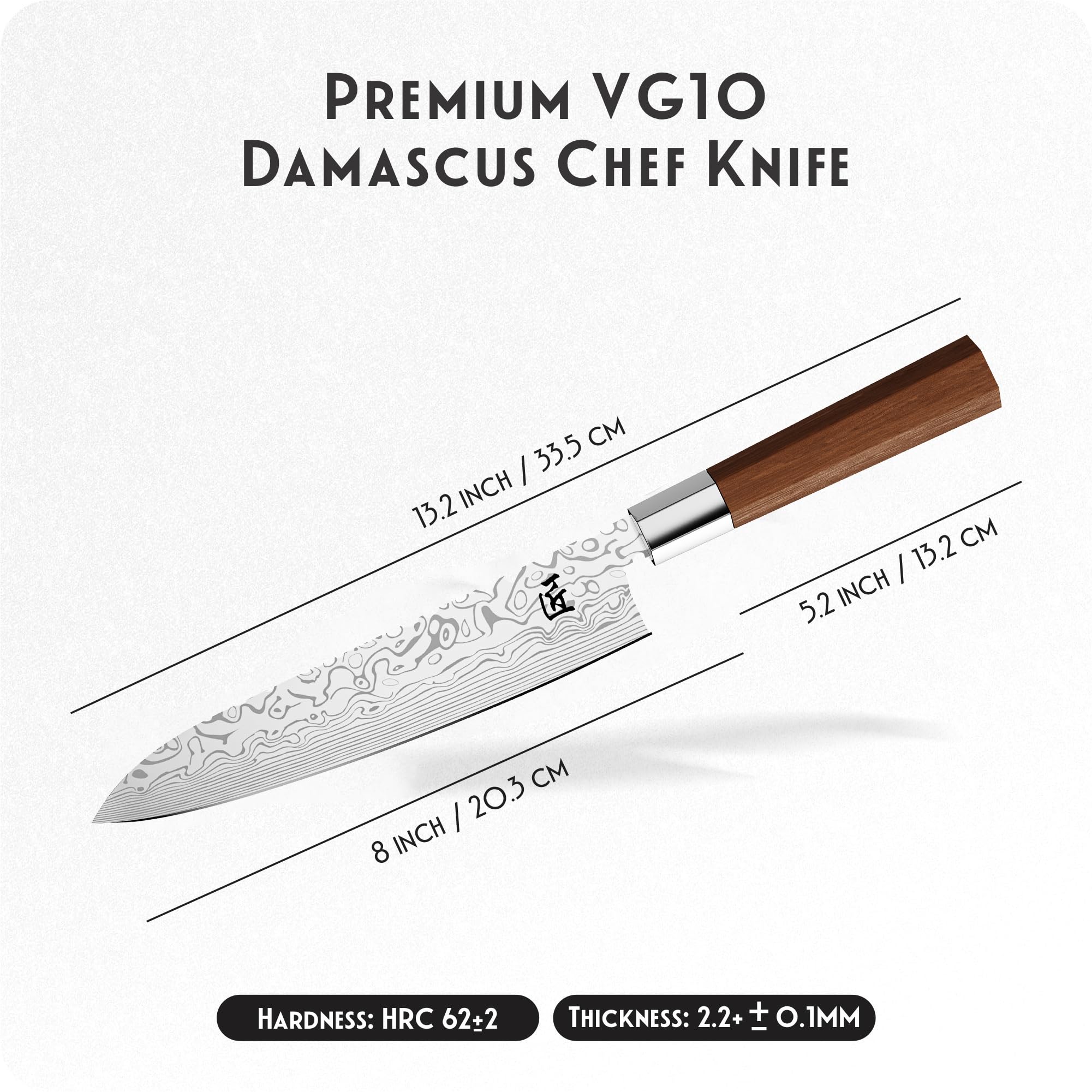INTIGNIS VG10 Damast Gyuto Kochmesser 20 cm, Japanisches Messer Geschenkbox | VG10-Kern, 67-lagiger Damast, 20 cm Gyuto, WA-Holzgriff, Tuch, HRC-Zertifikat, EVA-Box