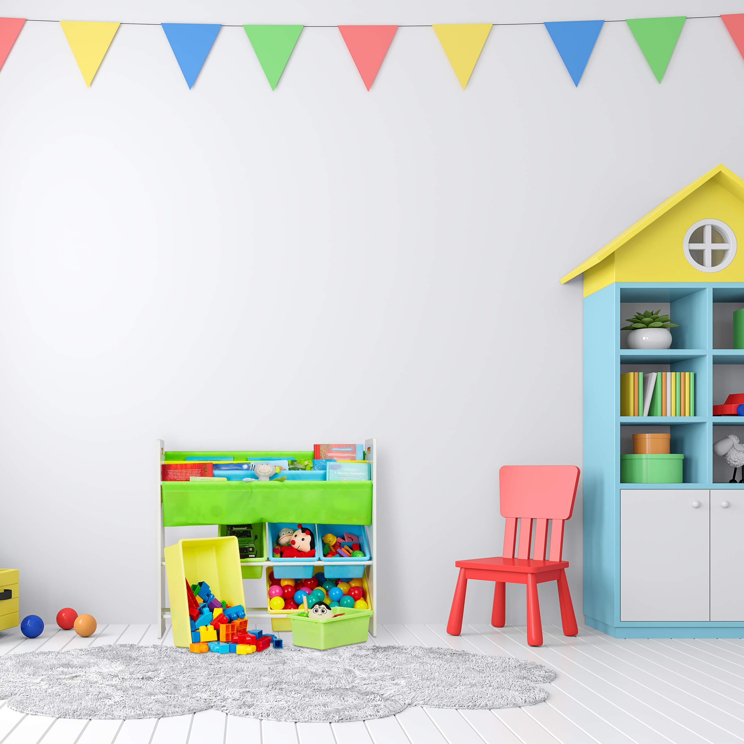 Relaxdays Estantería Infantil, 6 Cajas Plástico, 4 Estantes Tela, Mueble Juguetes Animales, 78x86x26,5 cm, Multicolor