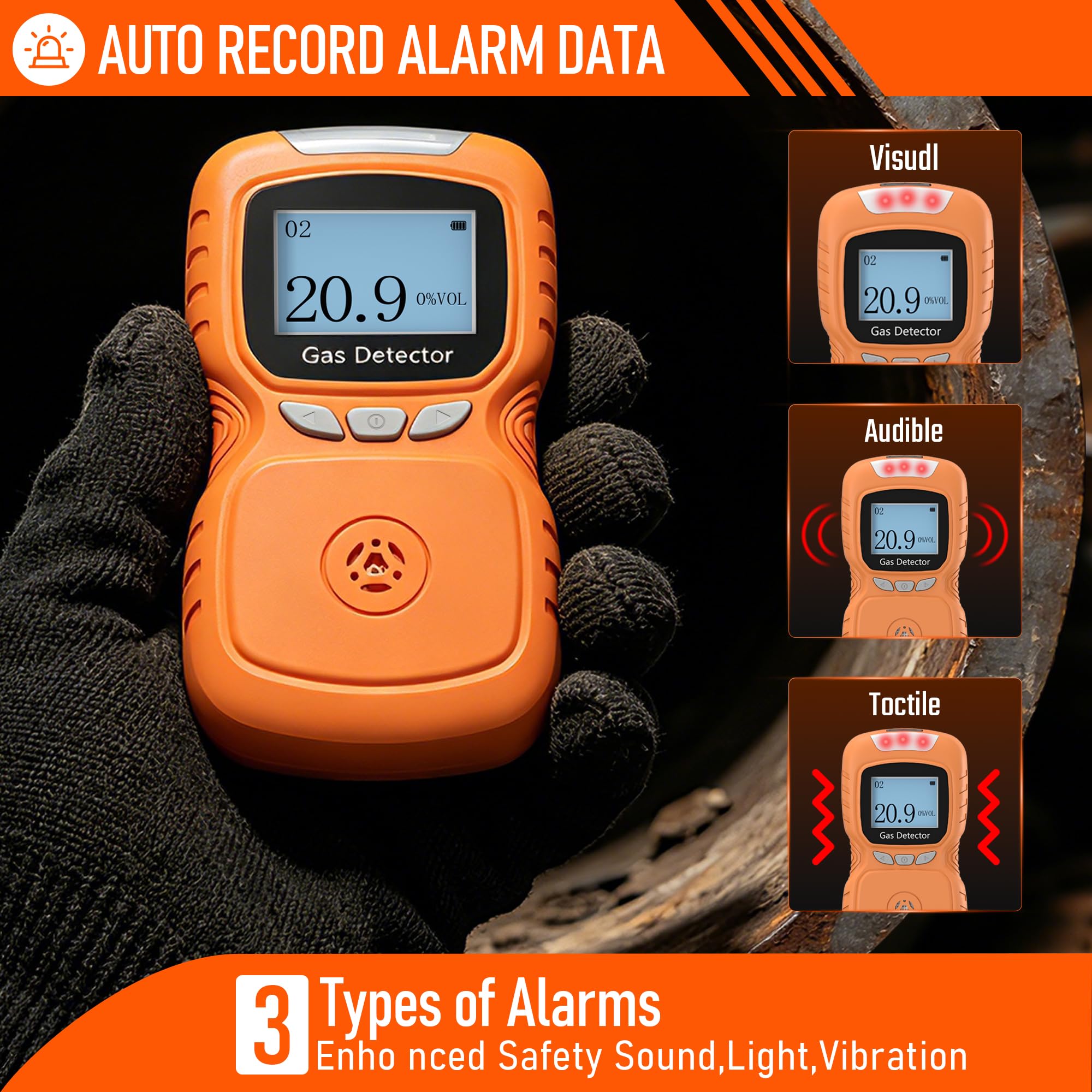 Detector de oxígeno portátil, monitor de gas 0-30% VOL O2, respuesta rápida de 0,5 s, medidor de oxígeno recargable con alarmas de vibración, luz y sonido, a prueba de polvo y explosiones (naranja)