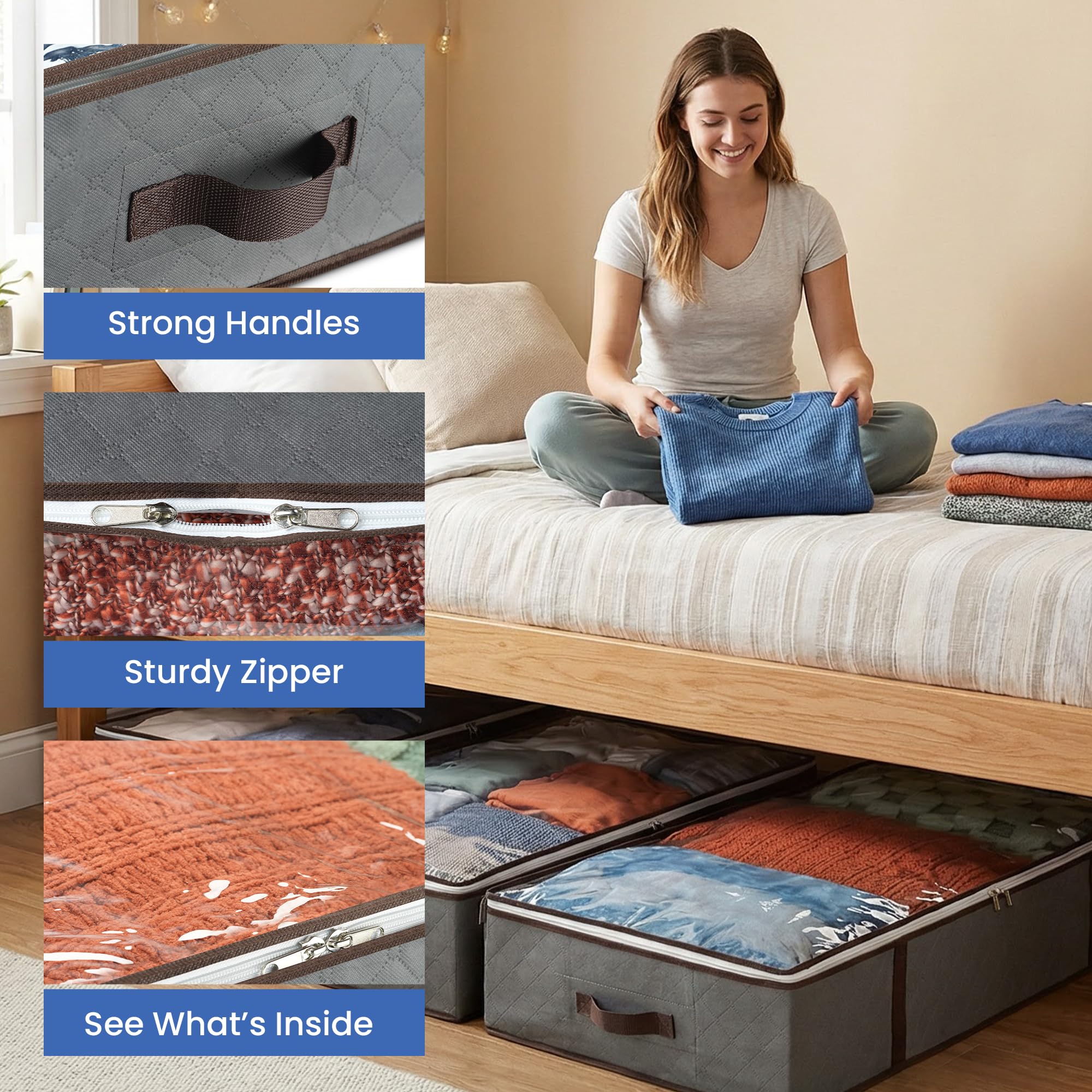 Confezione da 4 borse portaoggetti pieghevoli sotto il letto, organizer per vestiti, coperte da camera da letto, piumoni, cuscini, lenzuola di lino, asciugamani, maglioni, cassetti per scarpe, ideale