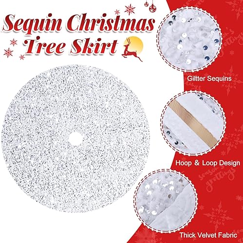Miniatura 5 de Falda de árbol de Navidad de lentejuelas de 46 pulgadas, tapete de terciopelo blanco para el suelo, falda de árbol brillante para Halloween,
