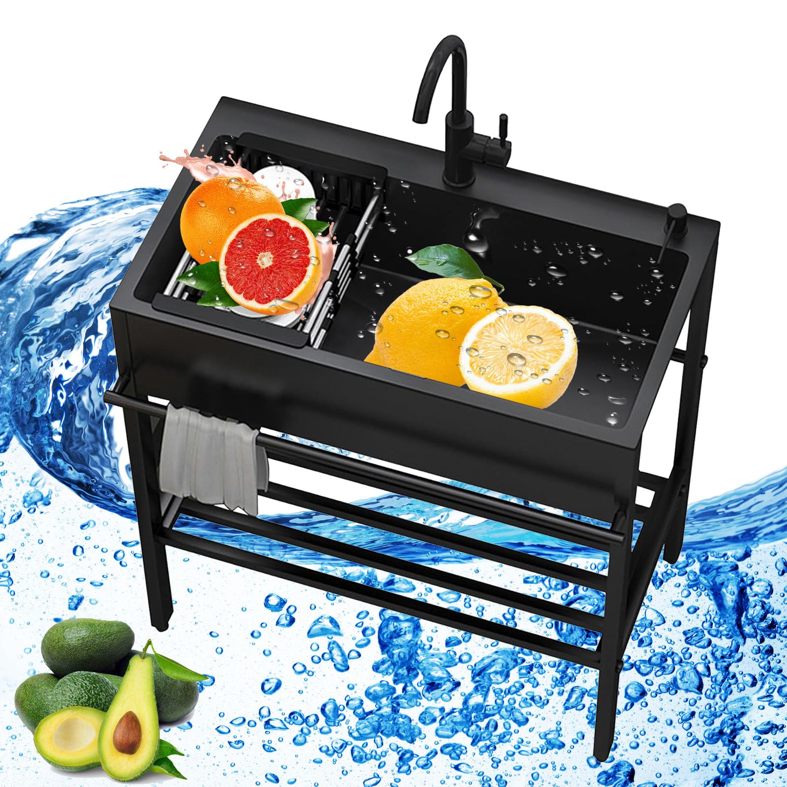 TAXXII Stainless Steel Kitchen Sink - Freestanding Outdoor Workstation with Basket Strainers and Grids for Space Saving Utility