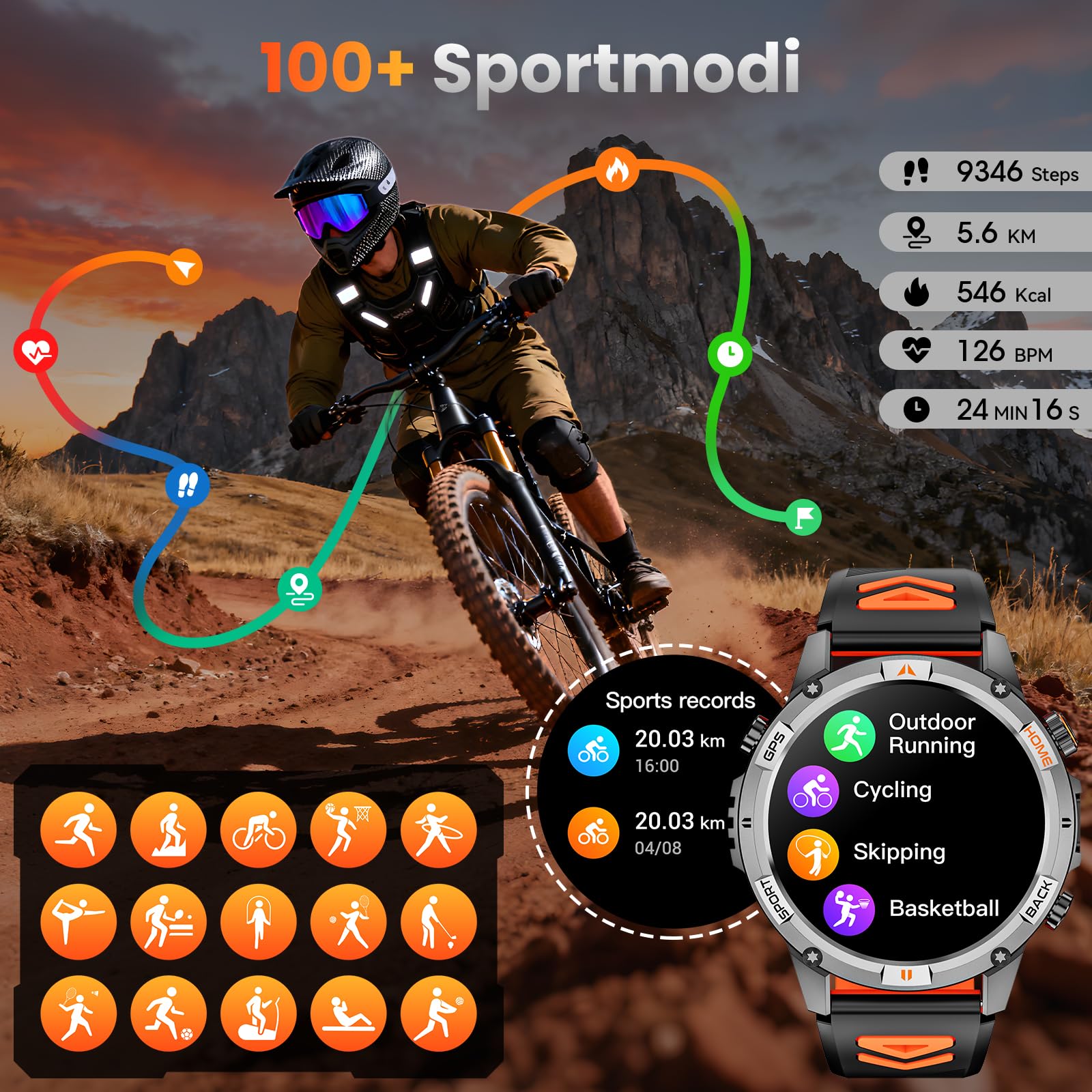 Smartwatch Herren GPS, 1,46" HD Men's Militär Smart Watch, LED Taschenlampe, Kompass, 100+ Sportmodi Fitnessuhr, IP68 Wasserdicht Rund Sportuhr, Fitness Tracker Watch für iOS Android (Schwarz)