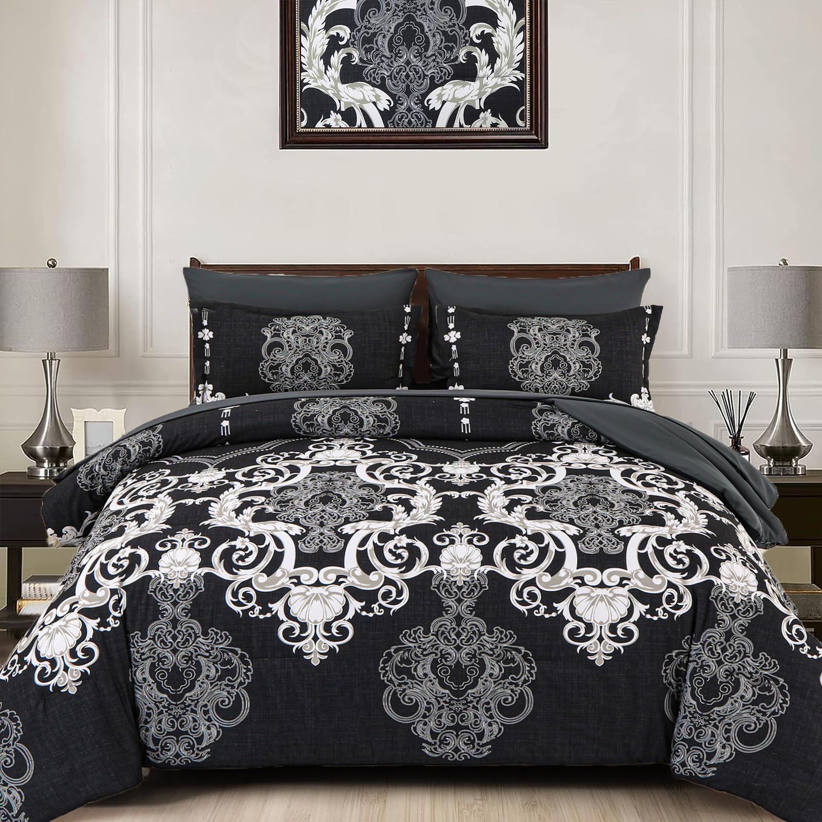 Mybedsoul King Size comforter set, 7 Pieces Boho Bed in a Bag for King Bed, Black Damask Comforter Set with Sheet, Pillowcases & Shams, Soft Microfiber Lightweight Bedding Set for All Season(90"x104")