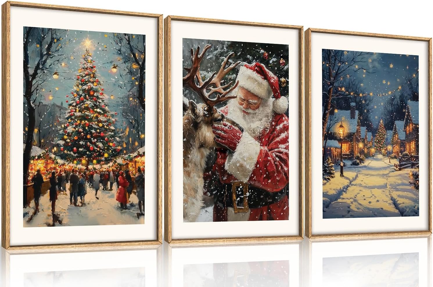 Large Enchanting Christmas Framed Canvas Wall Art Set,Santa Claus Reindeer Wall Decor,Magical Glowing Christmas Tree Artwork,Winter Snowy Village Art Print for Living Room,Bedroom- 24"x36"x3 Enchanting Christmas Scene Wall Art 24"L x 36"W
