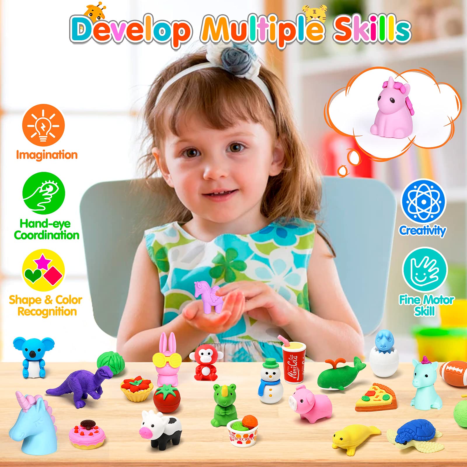 Moosia 120 Pack Animal Erasers for Kids Bulk Pencil Erasers Toy 3D Mini