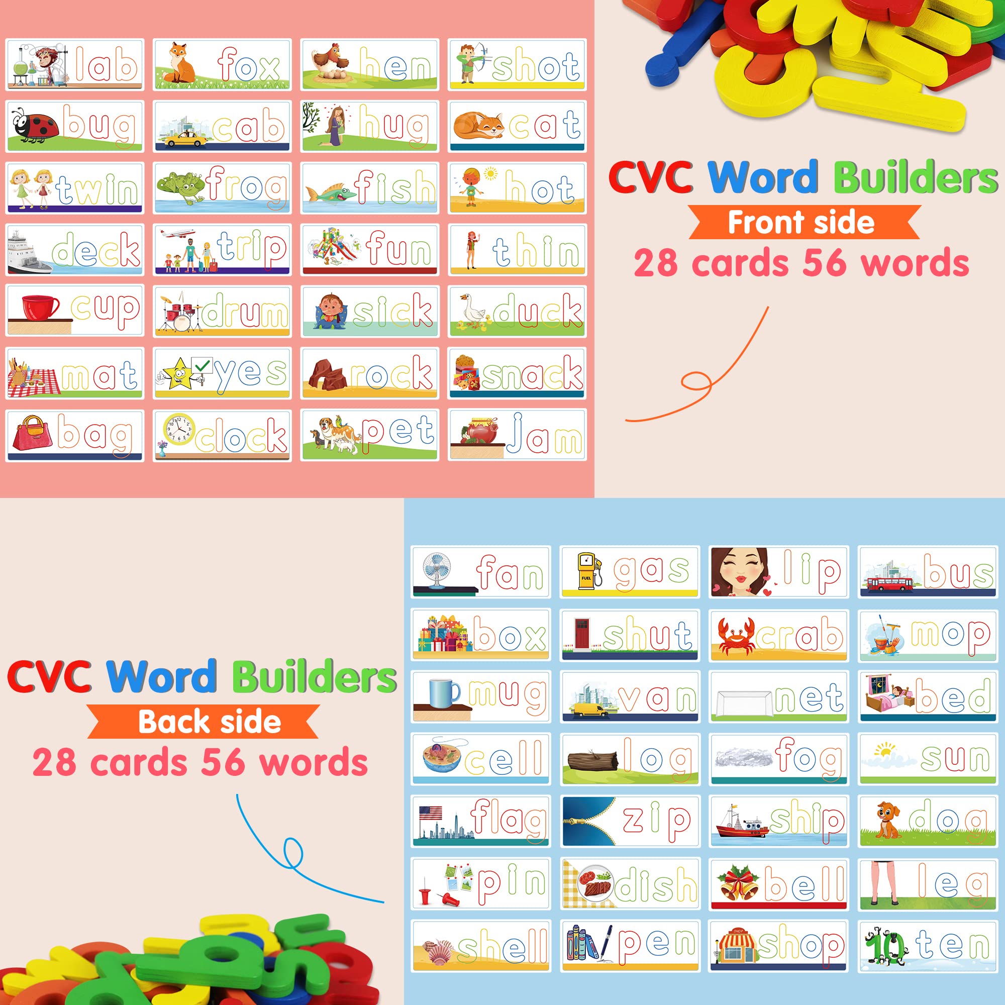 Montessori Wooden Spelling Game For Kids 2-5 | CVC Word Builder With Letters & Flash Cards