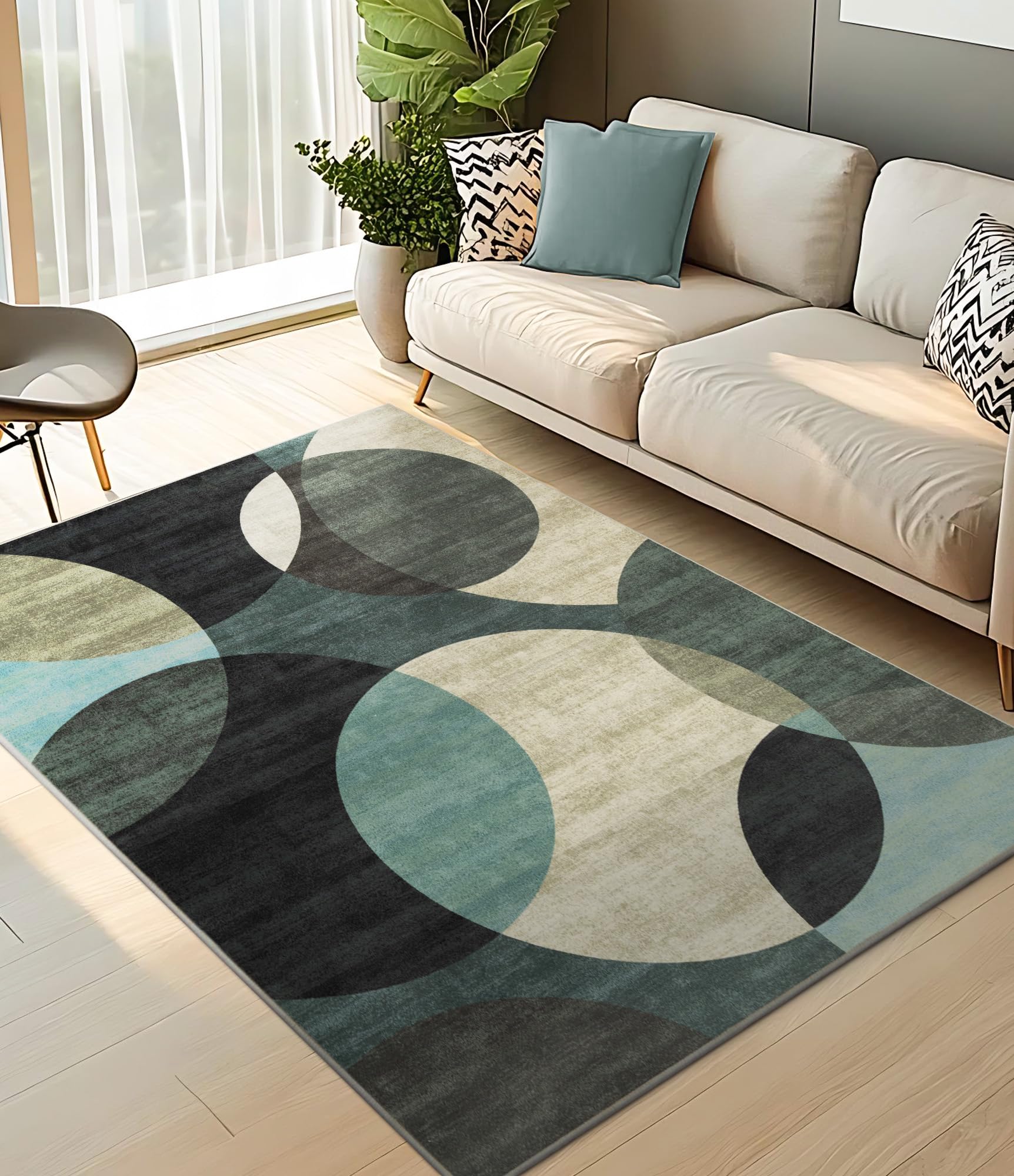 YIHOUSE Contemporary Abstract Circle Rug, 5'x7' Washable Geometric Green Rugs, Non-Slip Thin Stain Resistant Rug for high Traffic Areas of Living Room