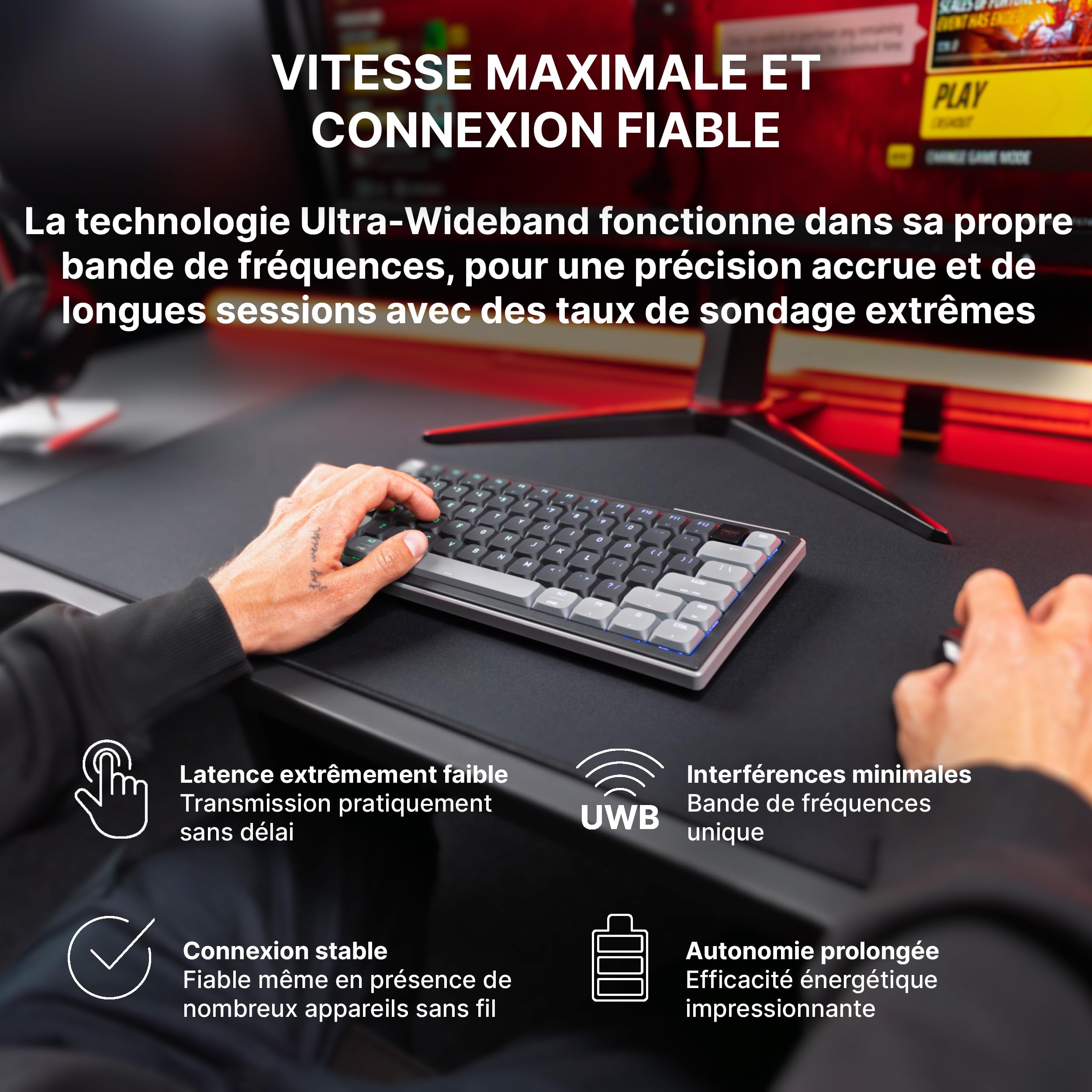 K63W Pro Compact Ultra-Wideband, Clavier de Jeu Mécanique 70% à Profil Bas, Connexion sans Fil UWB, 8 000 Hz, Switches MX LP 2.0 Red, Rechargeable, Disposition FR (AZERTY), Noir