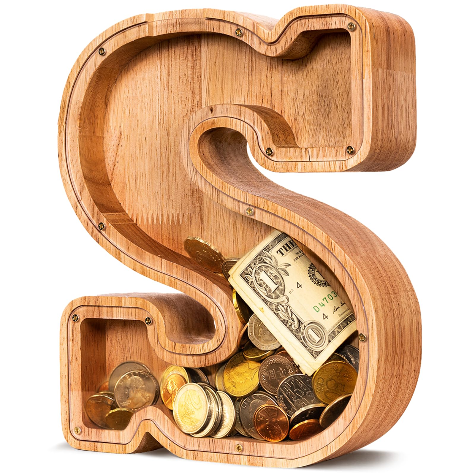 ELX Wooden Piggy Bank for Kids Boys, Personalized Letter Money Bank, Safe & Durable Savings Box for Toddlers Girls, Gifts for Birthday Holiday