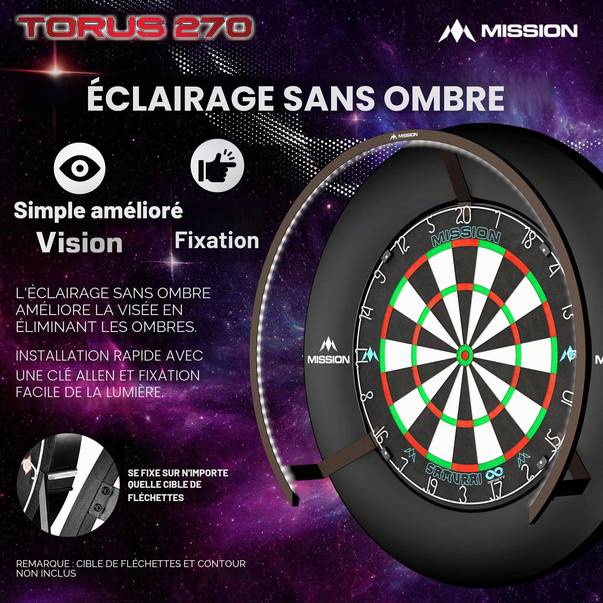 Mission Darts Torus 270 | Système d'éclairage LED pour cible de fléchettes avec accès facile à la zone de jeu de fléchettes pour un jeu illimité. Disponible en noir, rouge et bleu sablé