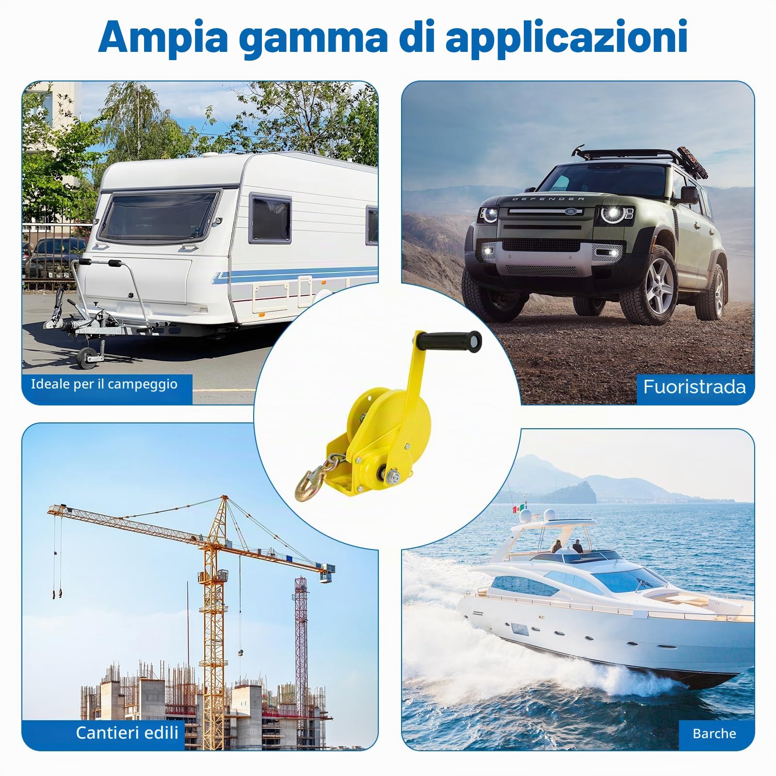 Verricello Manuale 1200lb Argano Manuale con Freno Automatico Argano per Rimorchio Auto Barca Gru Strumento con Cavo in Acciaio da 10m per Traino, Sollevamento, uso Esterno