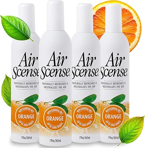 Air Scense Ambientador desodorante en aerosol para baño y hogar, aceites esenciales, naranja natural, 7 onzas líquidas (paquete de 4)