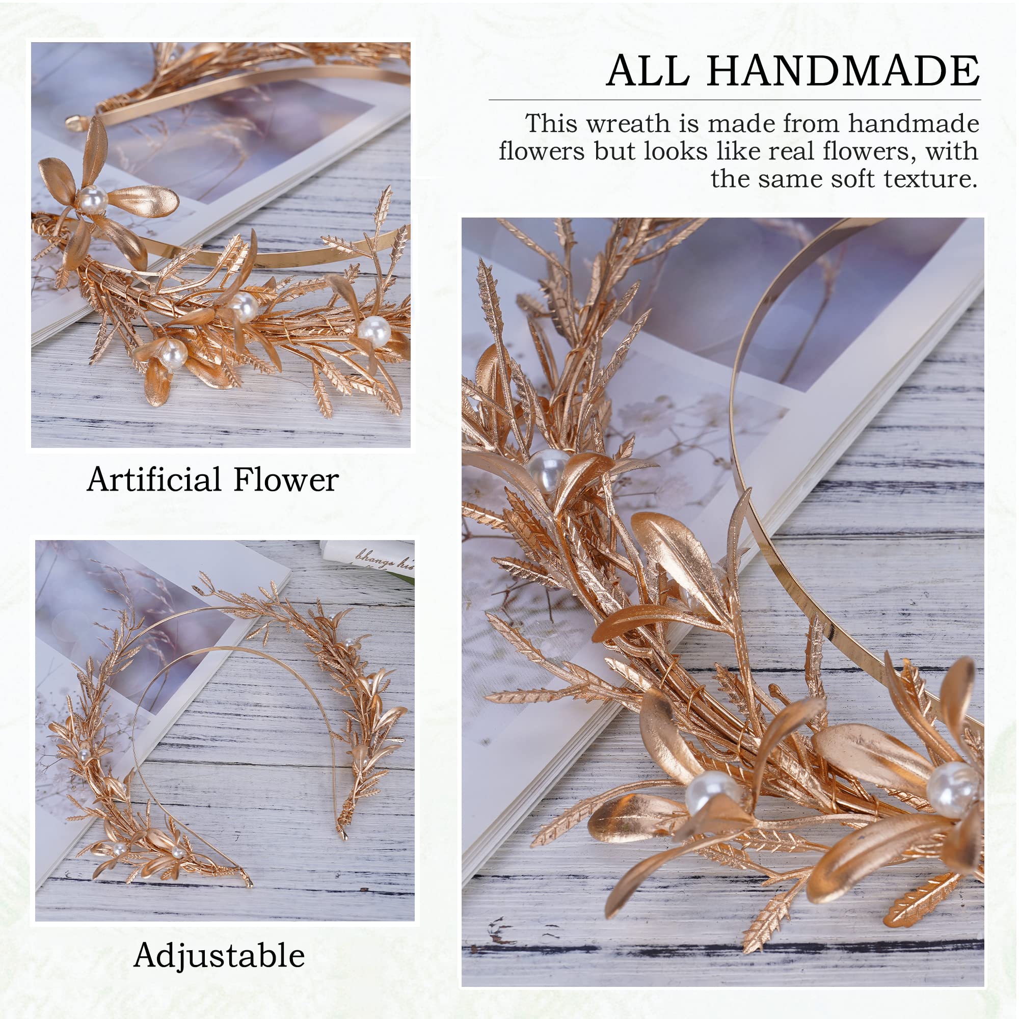 MOSTORY Handmade Goddess Halo Headband for Wedding Bridal Golden Orchid Flower Crown Fairy Pearls Greek Headpiece for Women Girls Maternity Baby Shower Carnival Party Hair Accessory White Gold