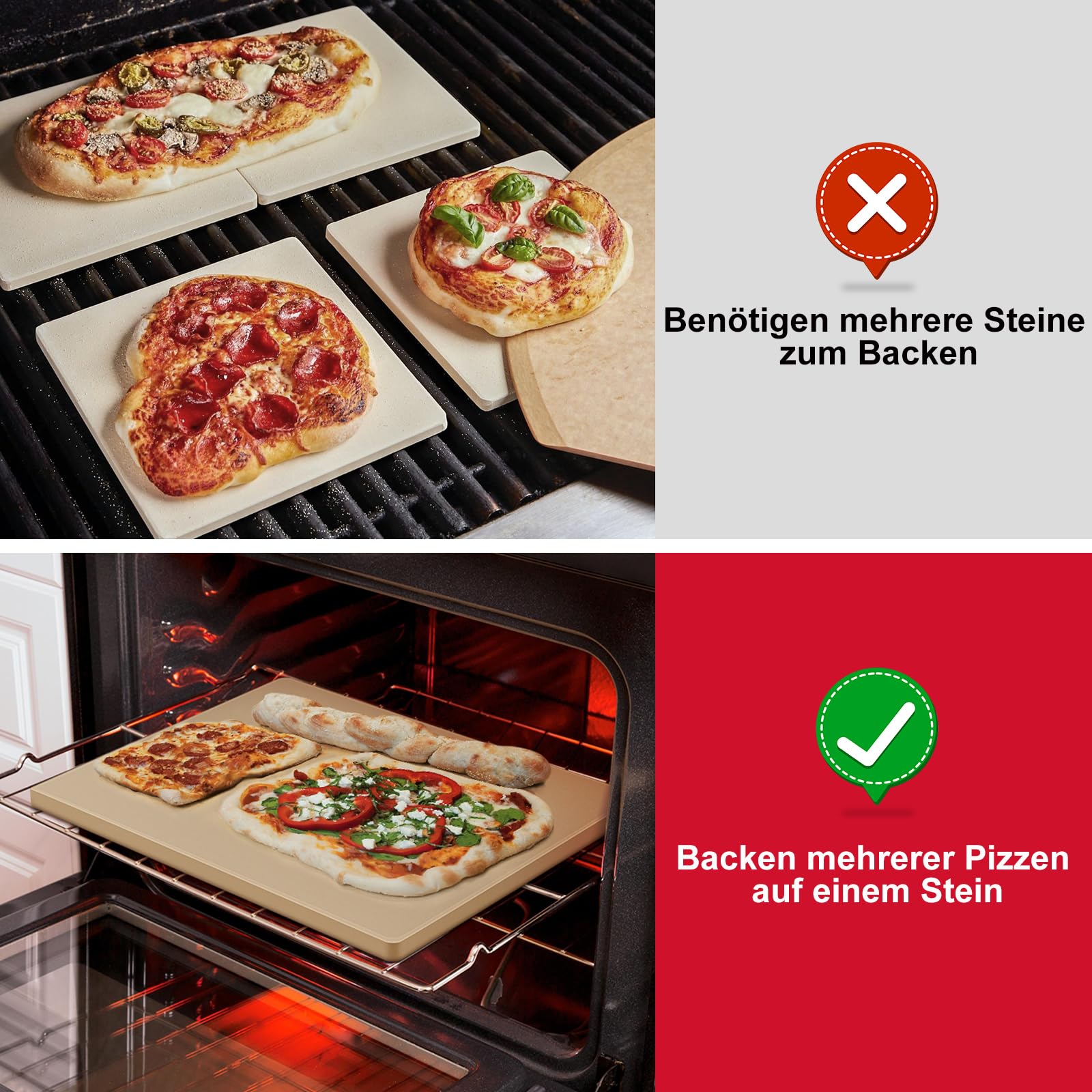 Unicook Großer Pizzastein 50,8 x 34,3 cm, Rechteckiger Pizza Backstein, Robuste Cordierit-Brotpfanne für Backofen und Gasgrill, ideal zum Backen verschiedener Größen von Pizza Brot Keksen