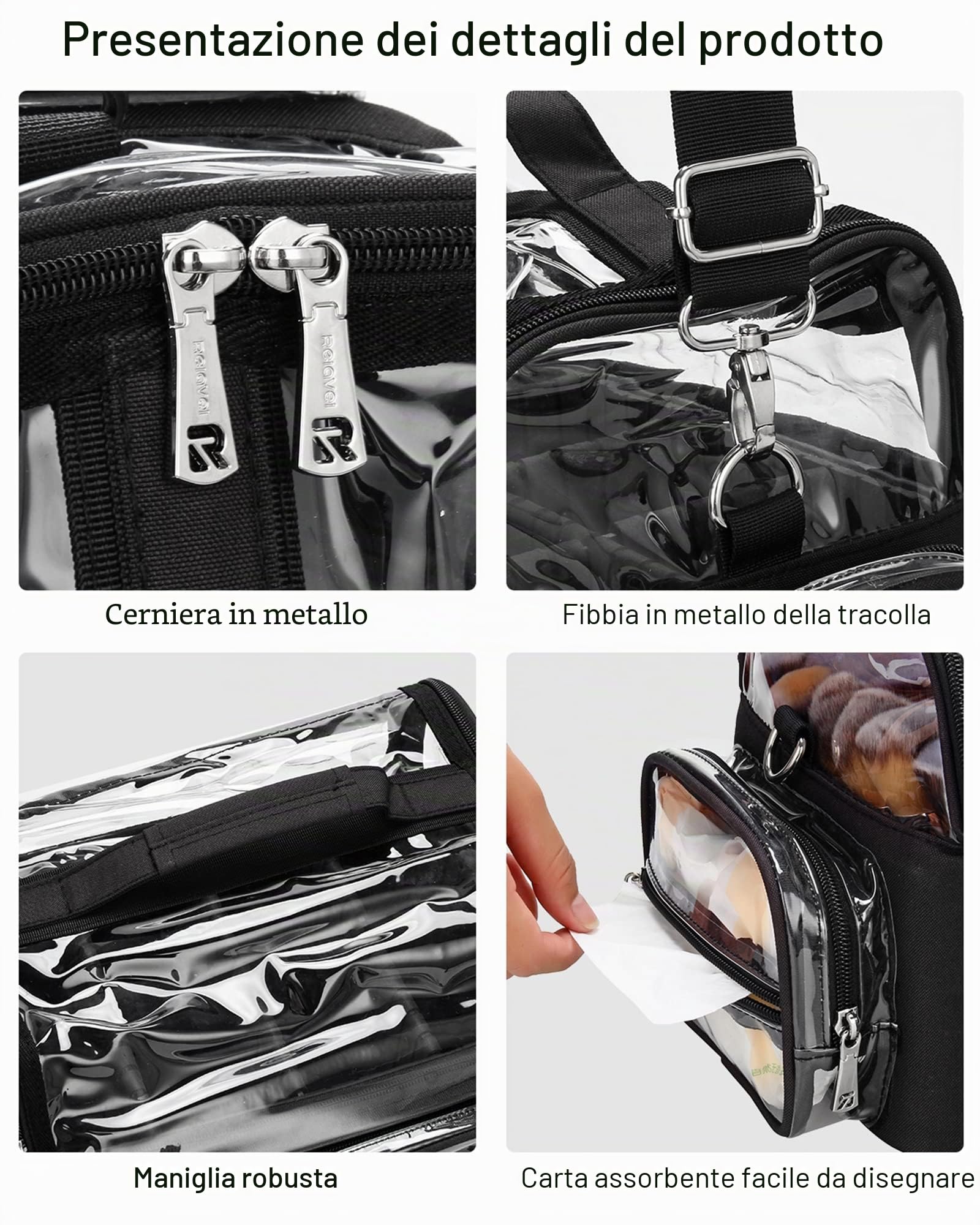 Relavel Borsa per Pennelli da Trucco Extra Grande, Professionale, Artista, da Viaggio, Trasparente, Impermeabile, Nero, Contenitore per Cosmetici