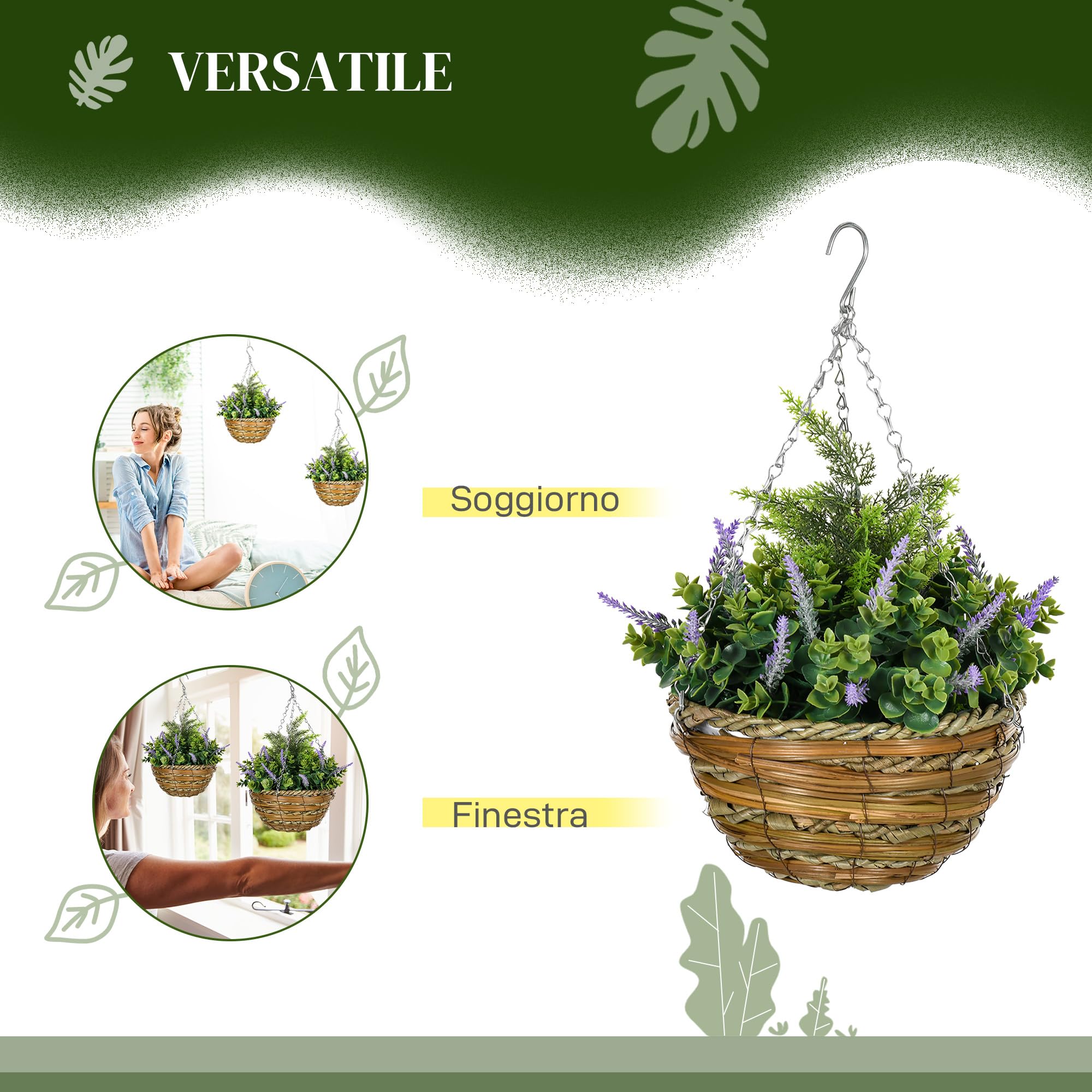 Outsunny Set 2 Piante Finte di Lavanda con Vaso e Gancio, Piante Artificiali in PE e Vimini, Ø25x34 cm, Verde e Viola