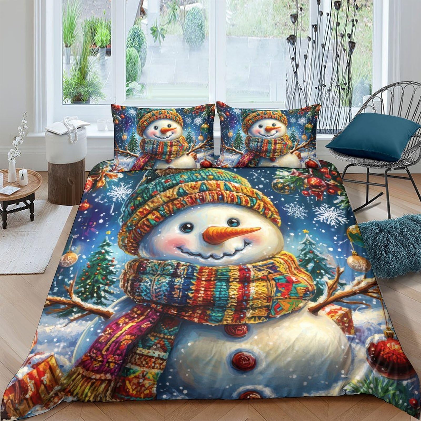 Ctjqhvkz Style-2 3D Printed Snowman Winter Night Fitted Sheet Microfiber Soft Christmas Tree Bed Cover For Bedroom Guestroom Decor Single（135X200cm）