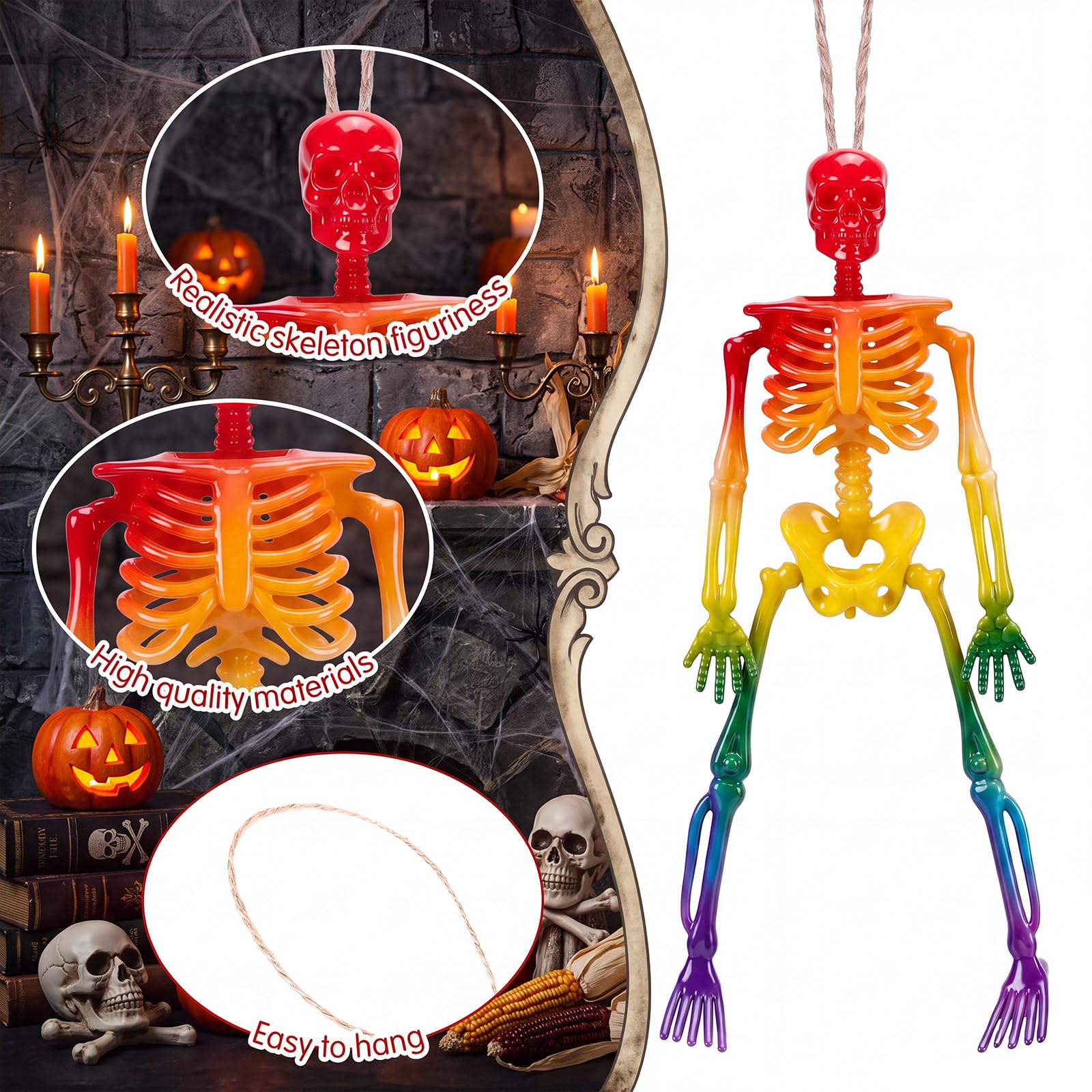 Geelin 18 mini figuras de esqueleto de Halloween con cordel de yute de 6 pulgadas, decoración de esqueleto de plástico pequeño degradado de arco iris para manualidades de Halloween, accesorios de casa