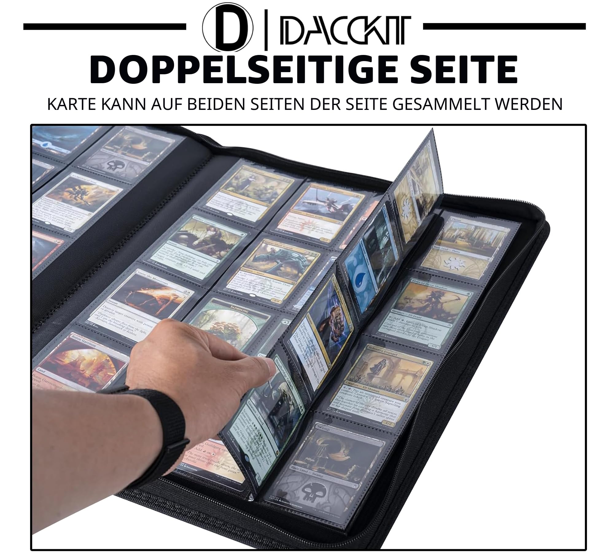 Premium Kartenbinder 16-Fach – Passend für 1408 Karten, 4x4 Ringloses Kartenalbum mit Hüllen Kompatibel mit Sammel- & Sportkarten（Modell A，Klassisches Schwarz）