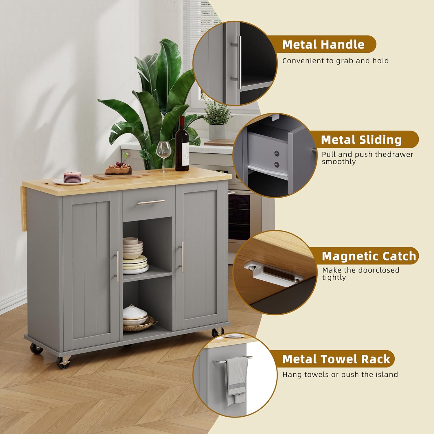 SUNLEI Rolling Kitchen Island Cart with Wheels, Island Table for Kitchen, Farmhouse Kitchen Cart with Drop Leaf & Towel Rack & Drawer, Kitchen Islands Table with Storage Cabinet, Grey