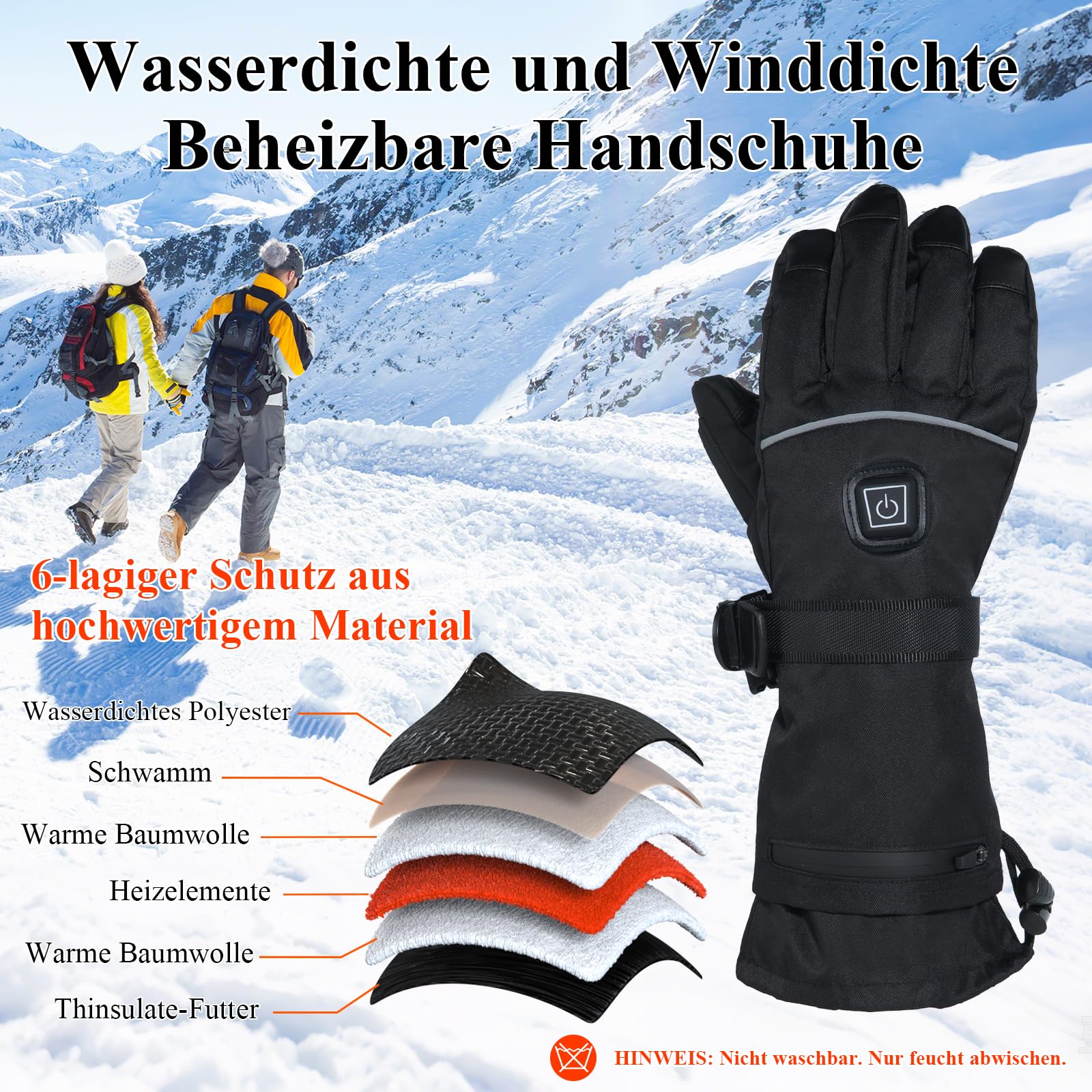 Minthouz Beheizbare Handschuhe 5V 5000 mAh USB-C Wiederaufladbar Wasserdicht Touchscreen 3 Heizstufen Winterhandschuhe