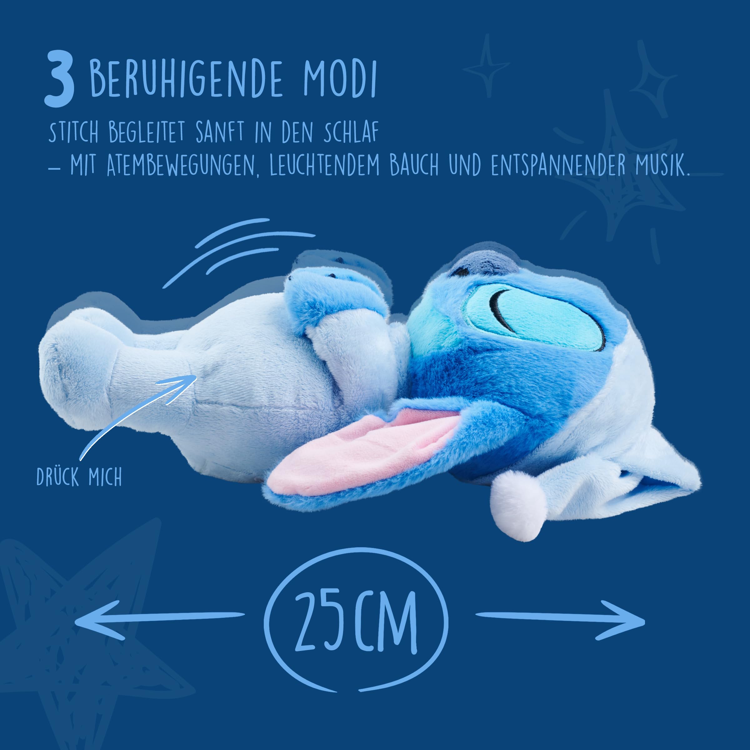 Simba Peluche Stitch Dormilón con Sonido 31 cm. Stitch Acostado con Pijama. Función de Respiración, Luz y Música Relajante. Apto Desde 0 Meses. Licencia Disney Oficial (6315870637)