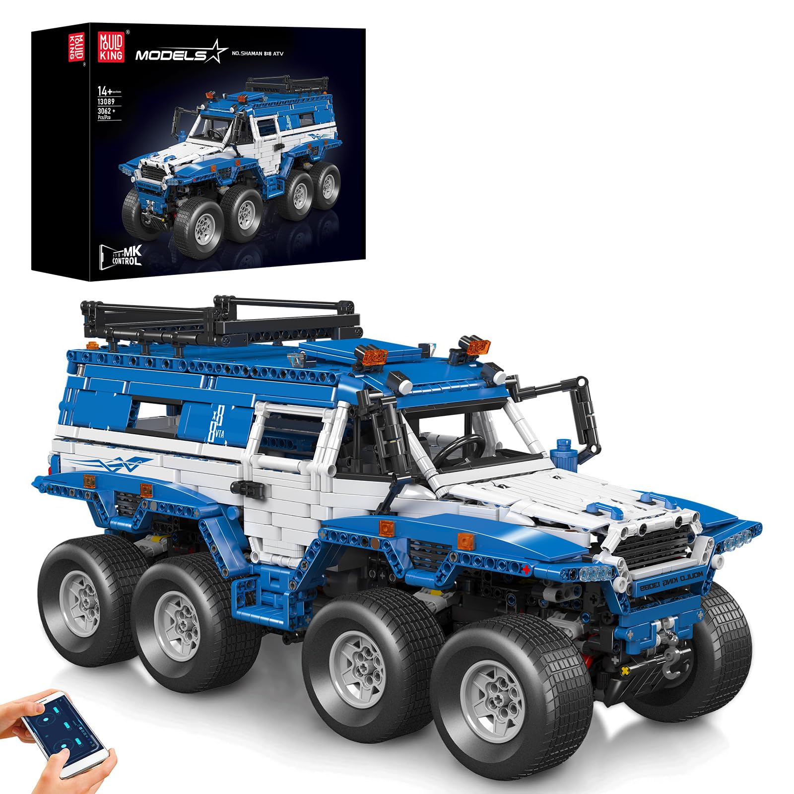Mould King 13089 Technik Ferngesteuert Avtoros Shaman 8×8 Geländewagen APP Technologie Truck-Modell mit 8 Rädern und 5 kraftvollen Motoren Technologie Bausatz Modell (3062+Teile)