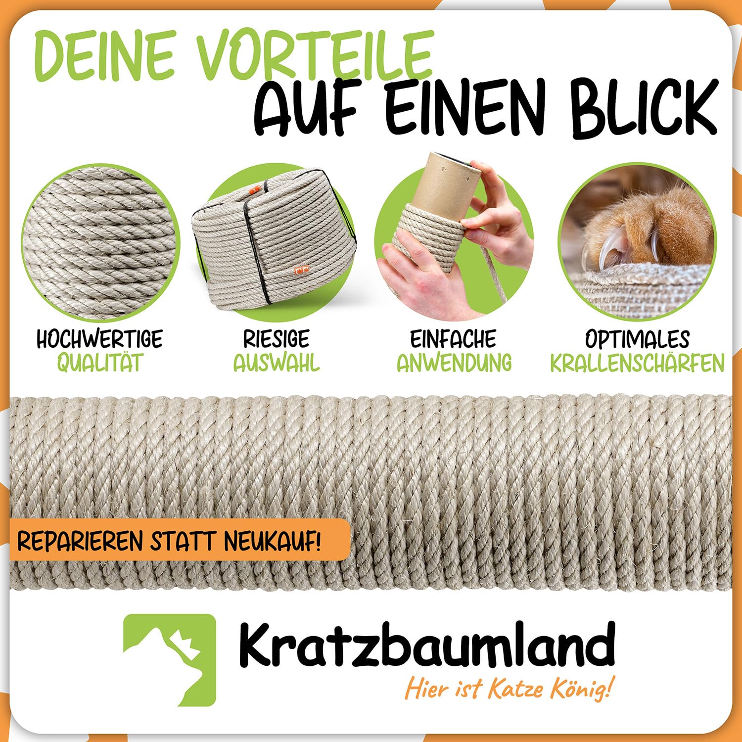 Kratzbaumland Premium-Sisalseil grau 10 mm, graues Sisalseil für Kratzbäume (versch. Längen) (100 Meter)
