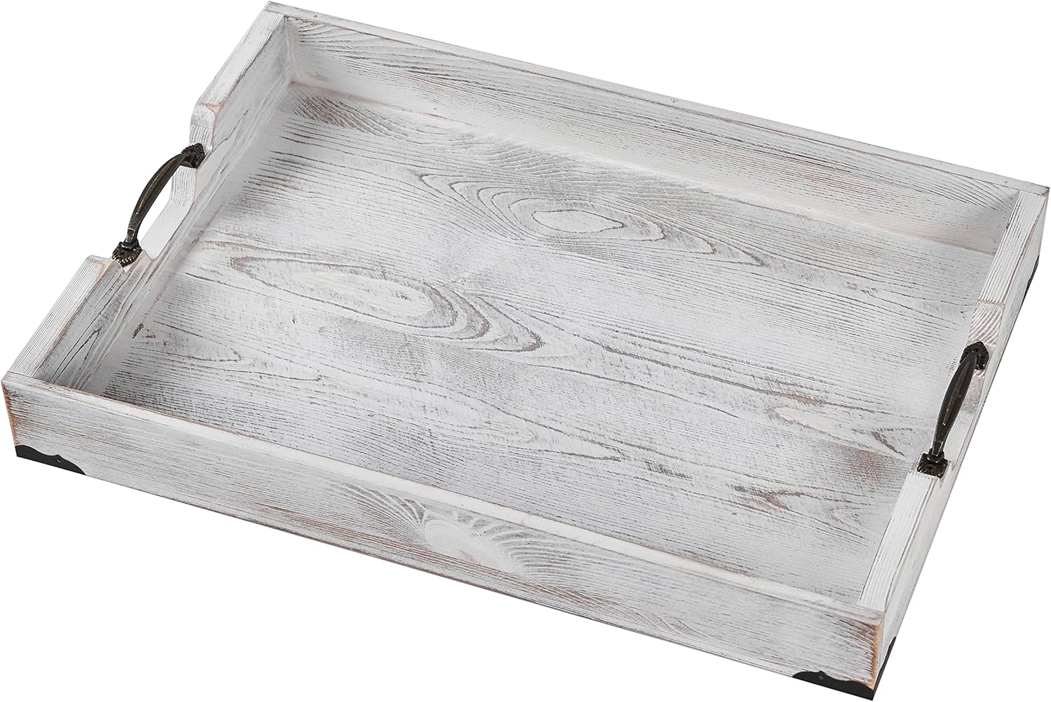 Large Wood Rectangular Serving Tray 20 x 14 Inch Rustic Wooden Ottoman Tray with Metal Handle and Wrapped Corners, Wood Coffee Table Tray Solid Pine Decorative Tray Whitewashed