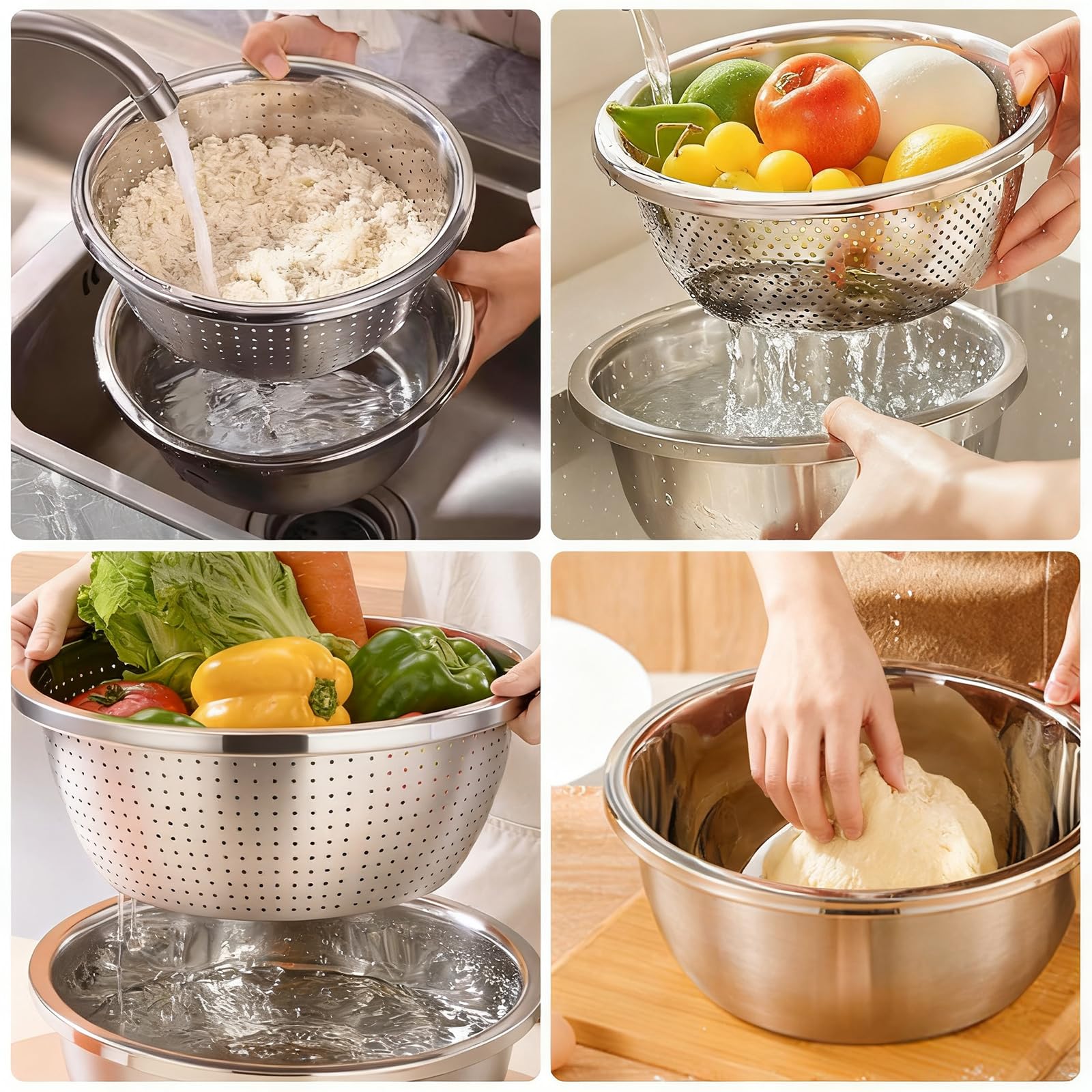 Set di 2 colino e ciotole in acciaio inox, 20 cm, colino da cucina, colino per pasta di riso, ciotola impilabile in acciaio inox, per verdure, frutta, pasta di riso