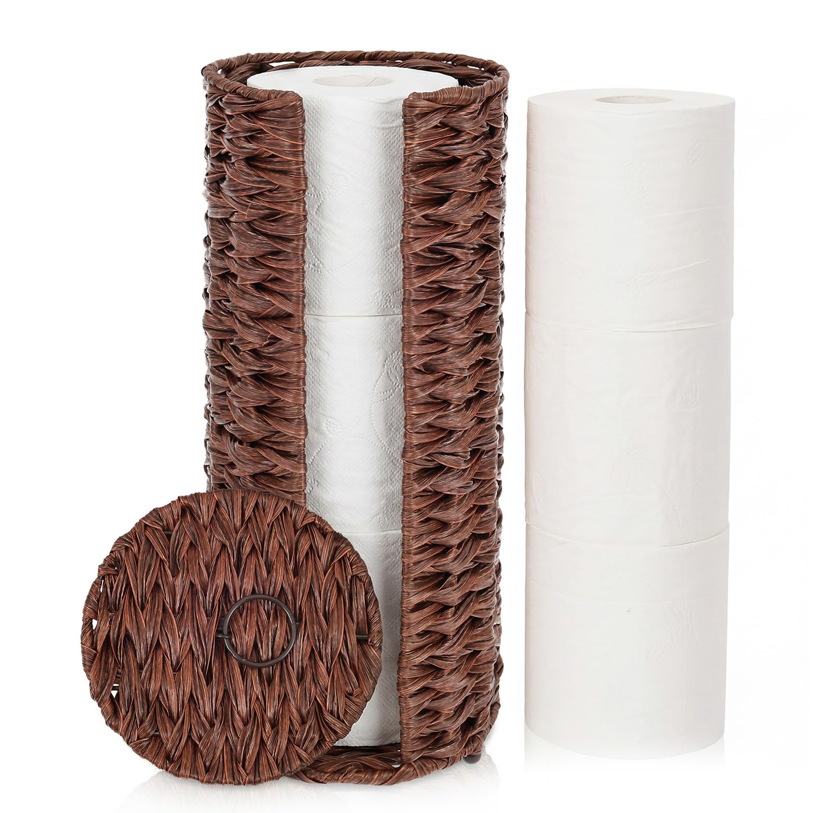 Ghshanog Dark Brown Toilet Roll Holder, Rattan Toilet Paper Storage Basket With Lid, Freestanding Paper Storage Organiser, 17X36.5cm Toilets Roll Container 3 Papers Rolls For Bathroom Or Washroom(Dark Brown)