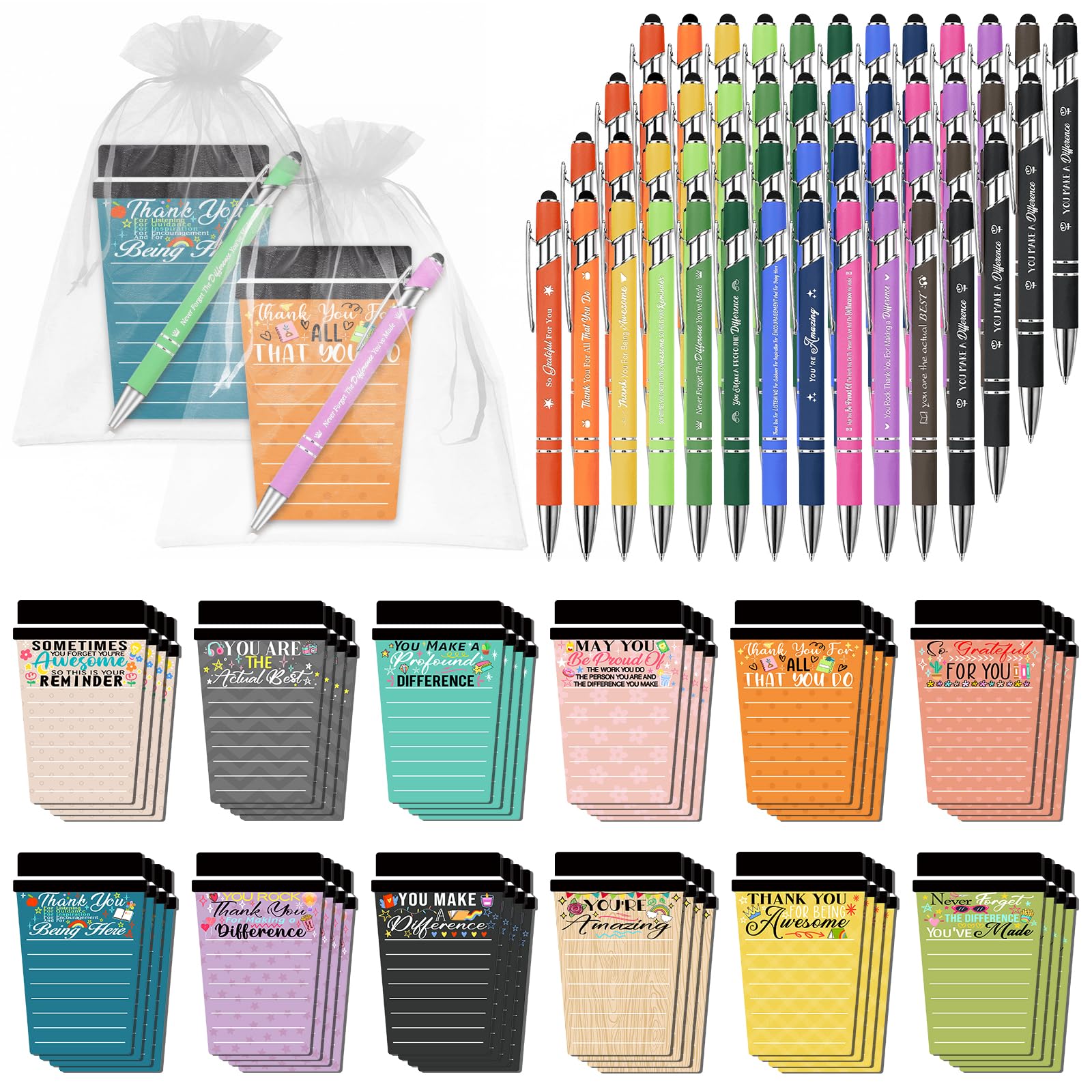 Mkway 48 Set Employee Appreciation Gifts Bulk Team - 48Pack Coffee Cup Notepad+48 Ballpoint Pens+ 48 Drawstring Gift Bags, Bulk Gifts for Coworkers/Staffs/Teachers/Christmas