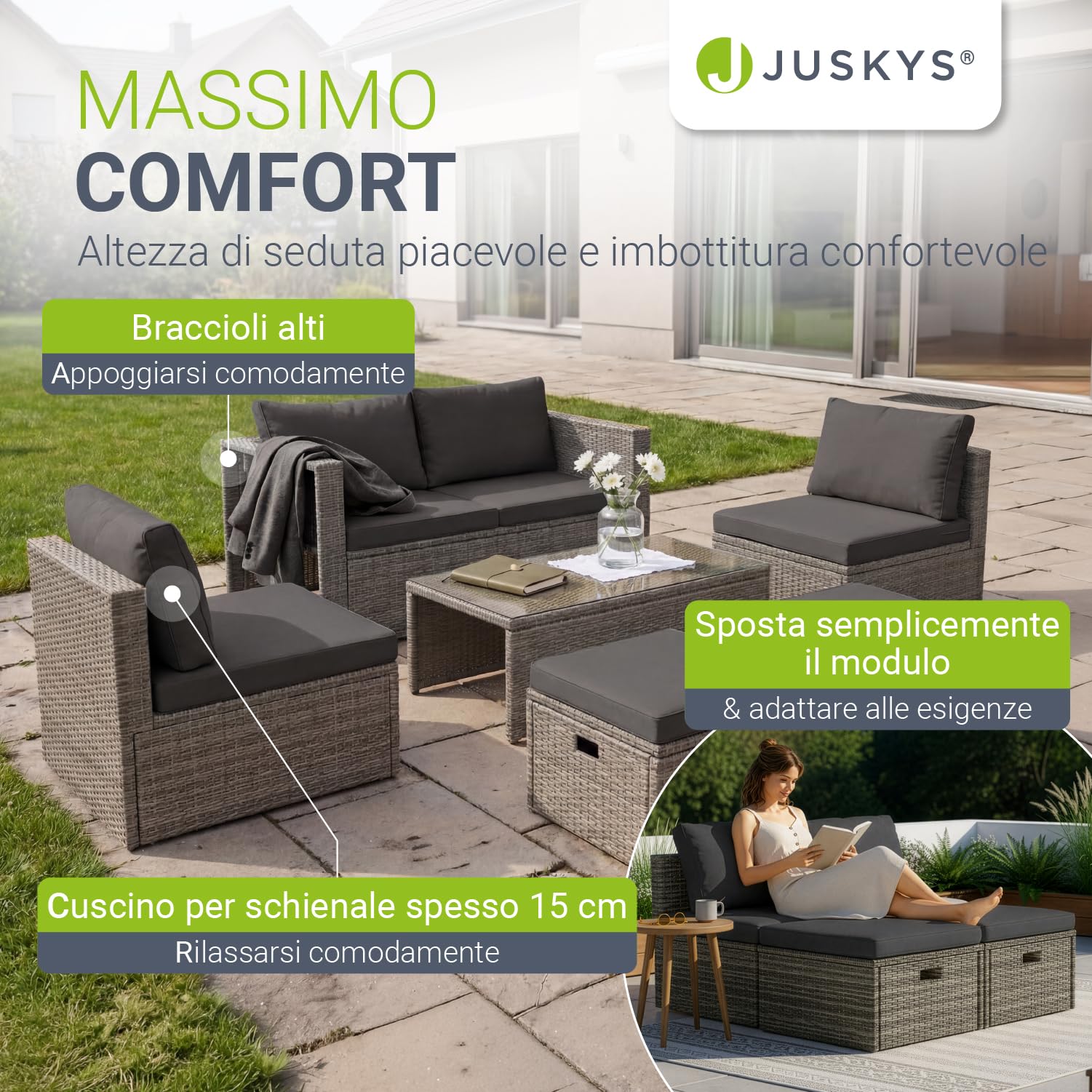 Juskys set di mobili da giardino Salou in polyrattan per 6 persone con tavolo e cuscini grigio