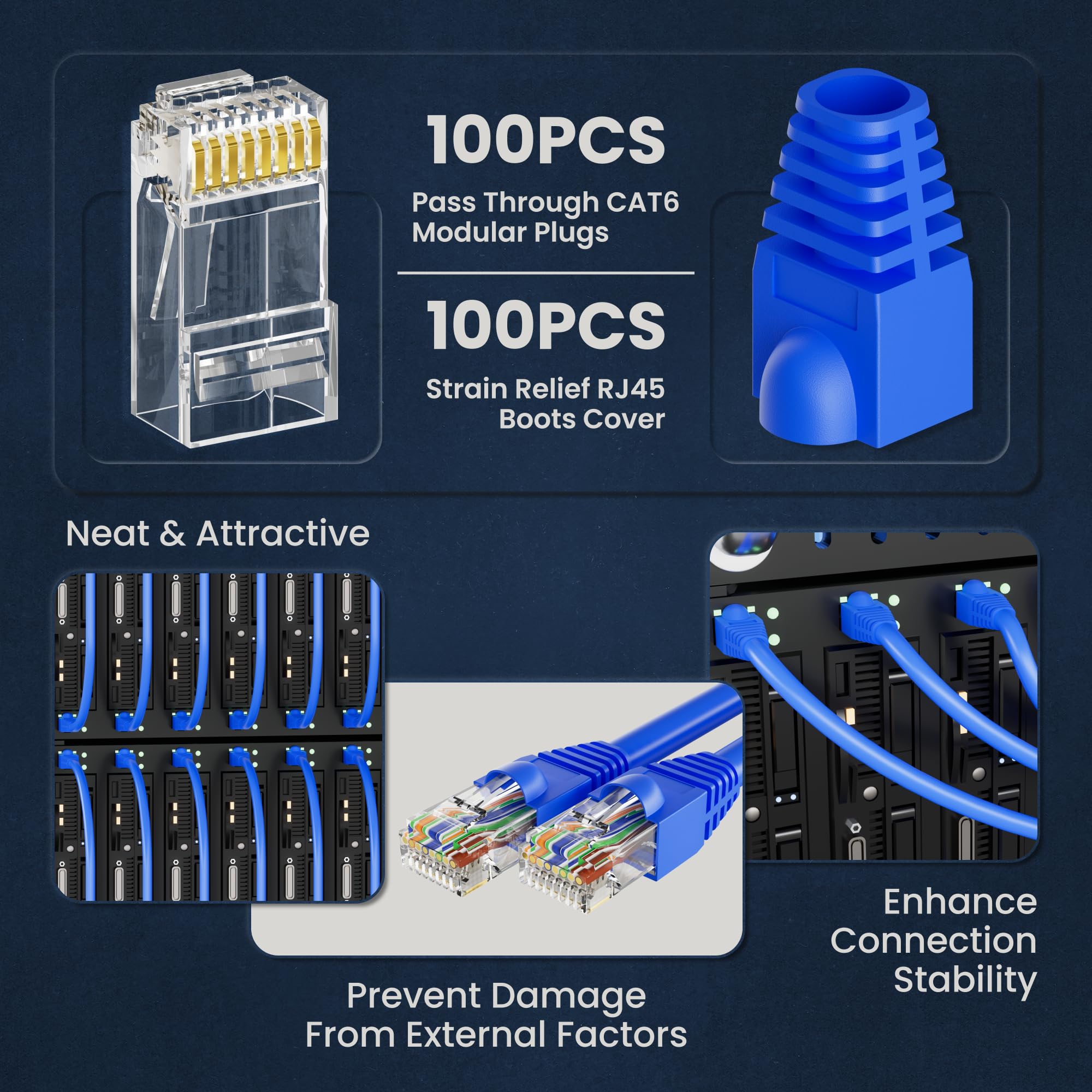CableGeeker Lot de 100 connecteurs RJ45 pass-Through avec gaine anti-traction bleues, connecteurs RJ45 Cat6 plaqués or, extrémités Cat 6, compatibles avec Cat5/Cat5e, prise réseau modulaire pour câble