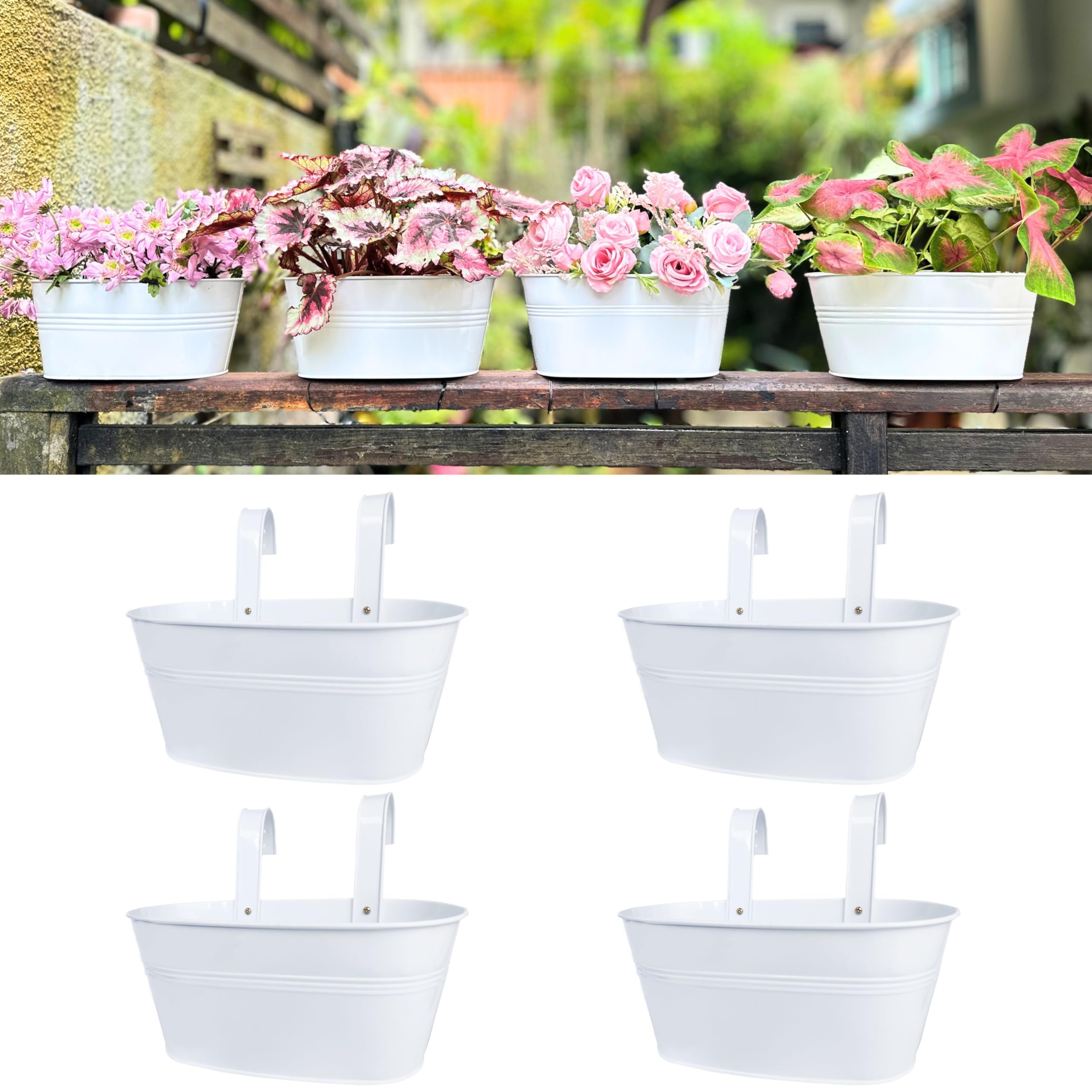 LaLaGreen Rail Planters for Outdoor (4 Pack, 11.2 Inch) White Metal Iron Hanging Flower Pots, Deck Railing Fence Bucket Strawberry Planter Wall Mount