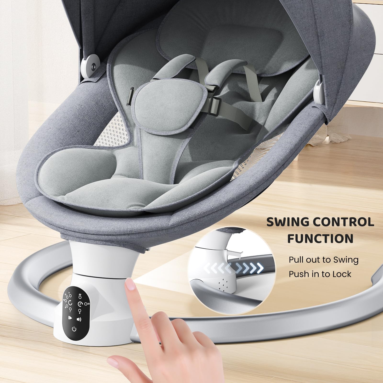 Operazione APP Sdraietta Neonati, Imbracatura a 5-Punti Migliorata Altalena Neonato Elettrica con 3 Timer, 5 Velocità di Altalena, Sdraietta Neonati Bluetooth Imbottita Morbida 0-9kg (Grigio)