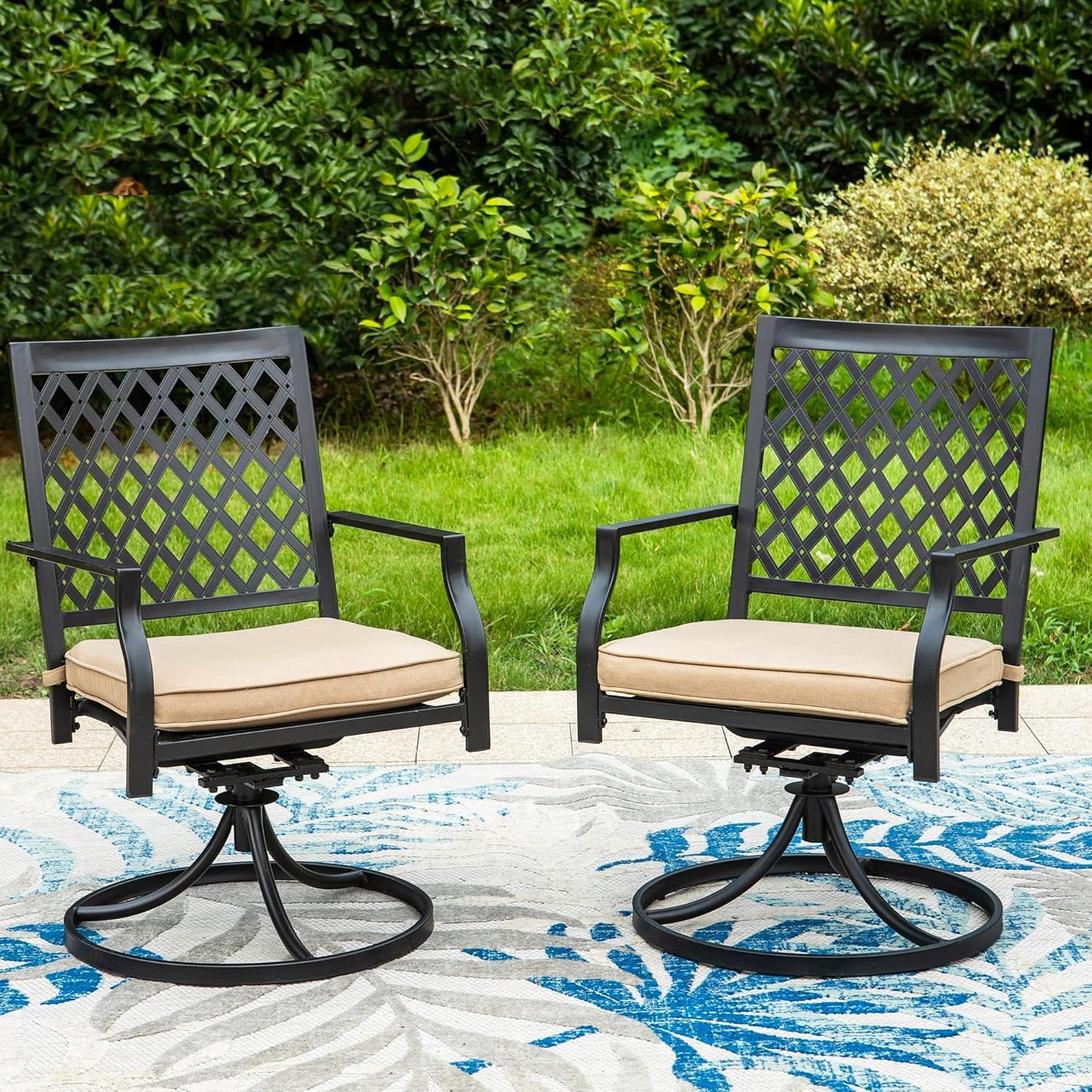 PHI VILLA Outdoor Metal Swivel Chairs Set of 2 Patio Dining Chair with Cushion Furniture Set for Garden Backyard Bistro, Small Grid, Black