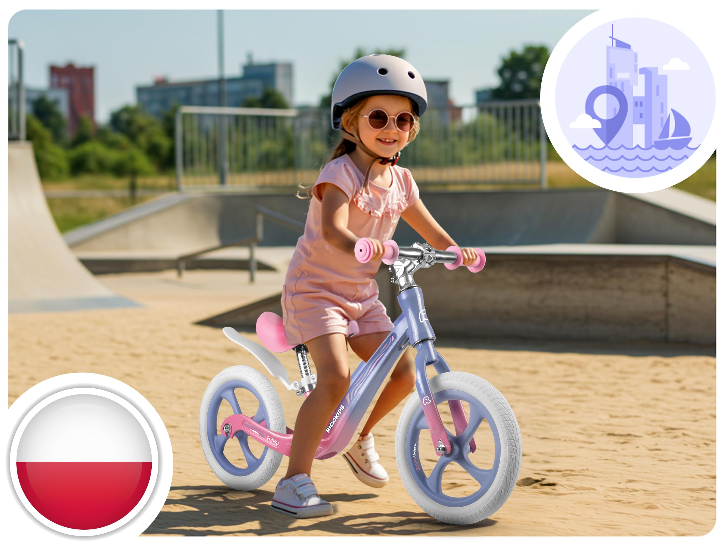 Ricokids Rowerek Biegowy dla Dzieci - Regulowane Siodełko - Opony PU 12'' Odporne na Przebicia - Funnu Niebieski Różowy