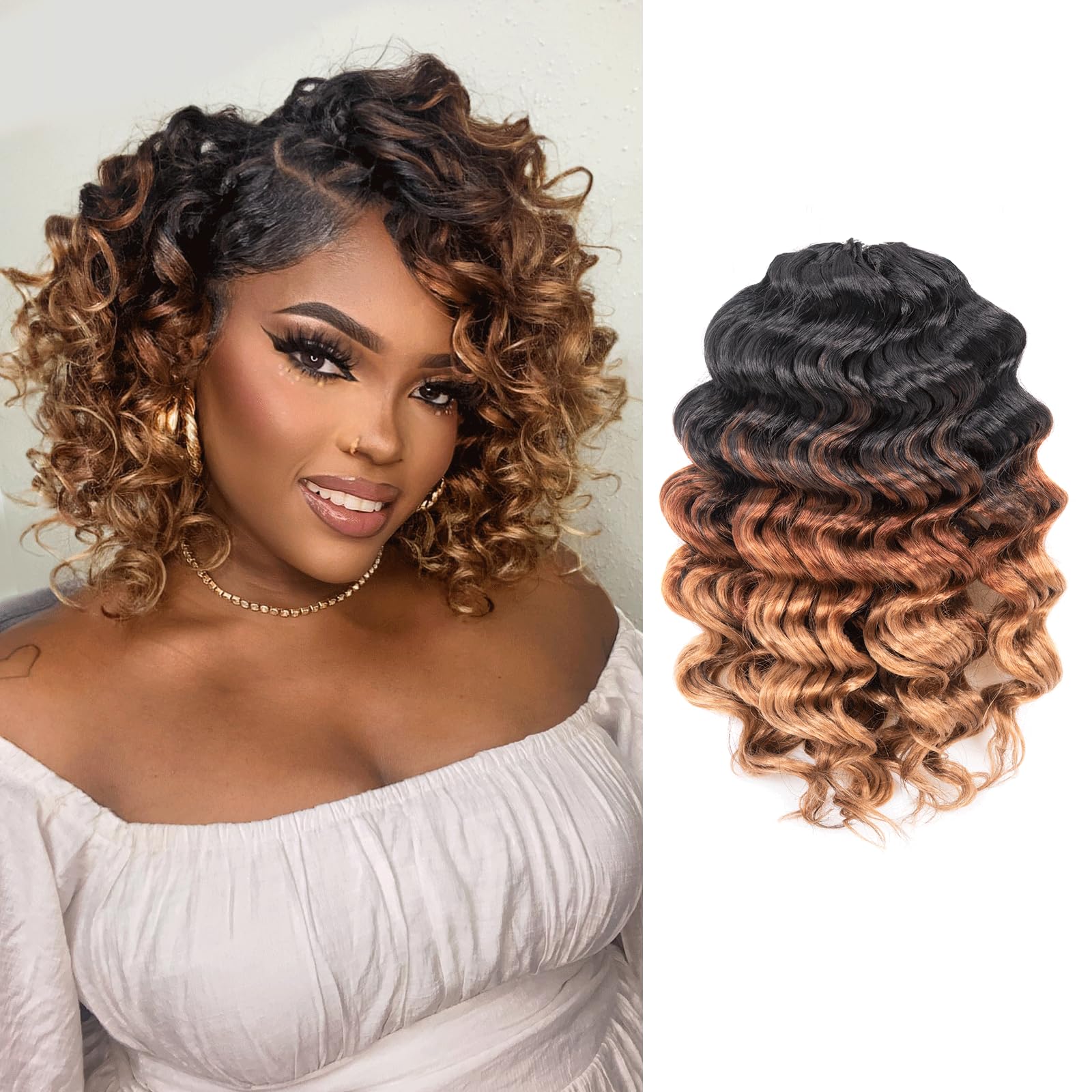 Photo 1 of ToyoTree Ocean Wave Crochet Hair - 14 Inch 8 Packs 3 Tones Ombre Brown Mid-Length Curly Deep Wave Crochet Hair, Synthetic Ocean Wave Braiding Hair Extensions (14 Inch,OT30/27-8P)