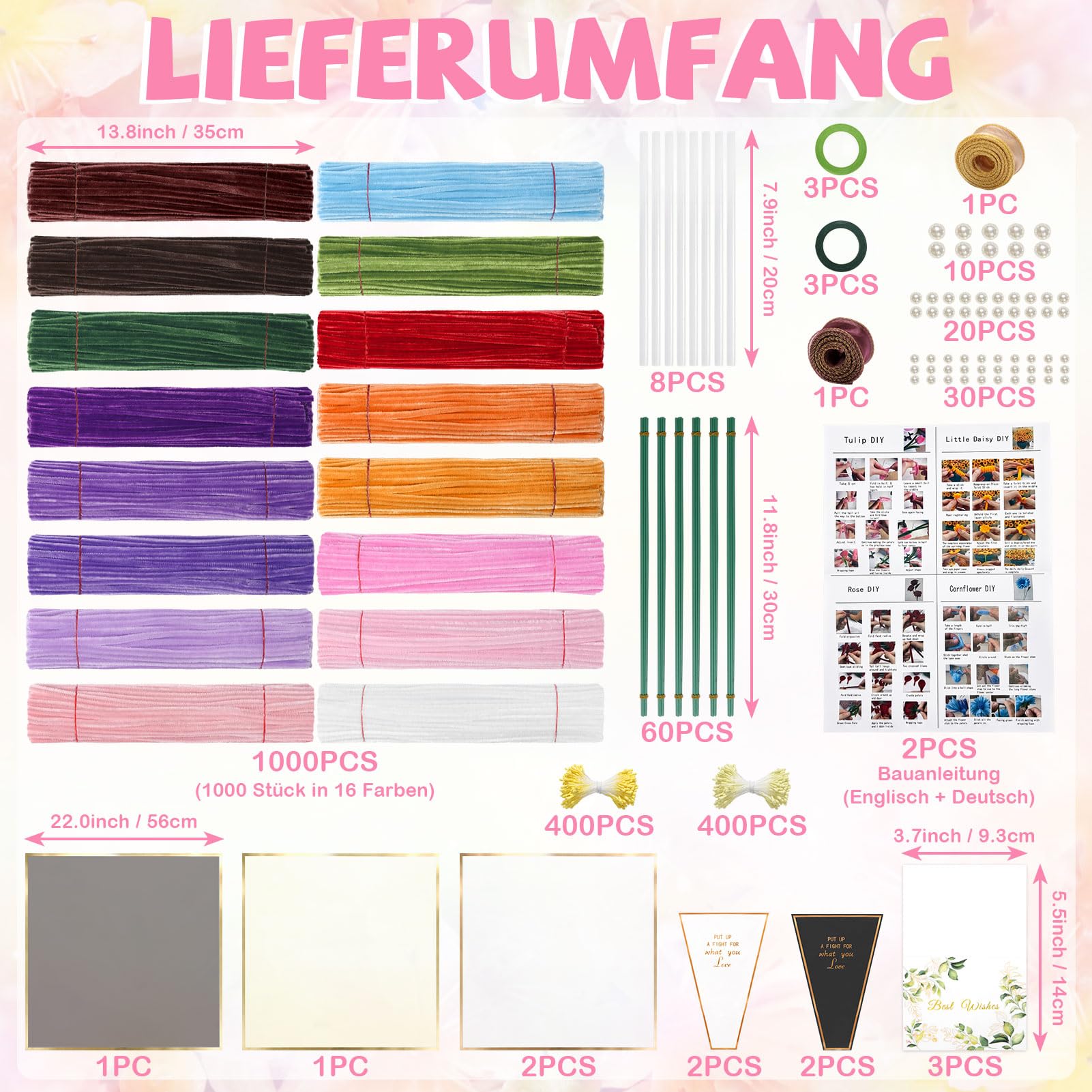 Lot de 1000 cure-pipes à fleurs pour bricolage, 16 couleurs, fil chenille avec fil de fleurs, perles, papier cadeau et accessoires pour décoration de bouquet de fleurs DIY