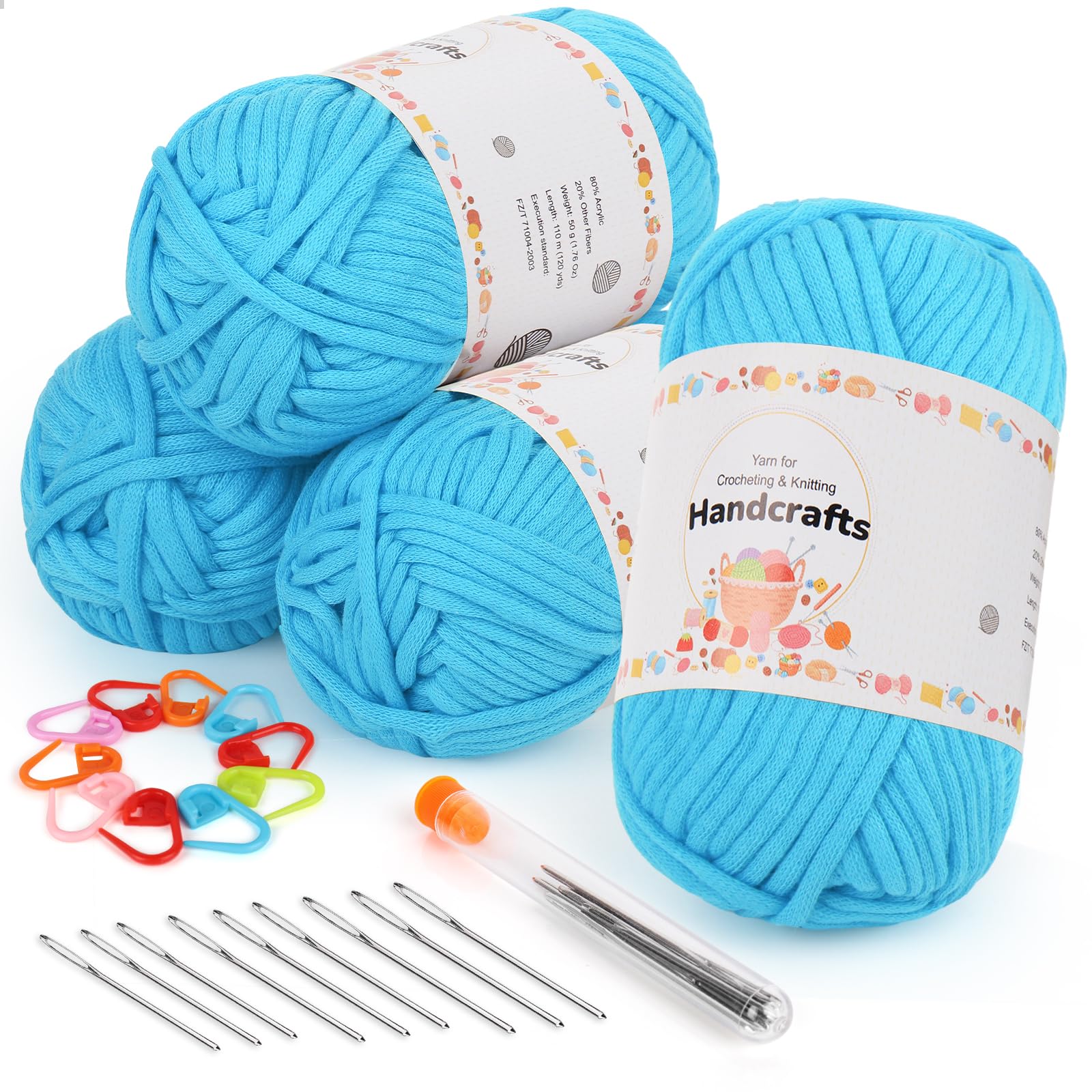 Aeelike 4X50g Dickes Garn Baumwolle zum Häkeln mit Strickzubehör, Chunky Häkelwolle für Anfänger, Kein Geteiltes Häkeln Amigurumi Wolle, Schlauchgarn mit gut Sichtbaren Maschen, Seeblau