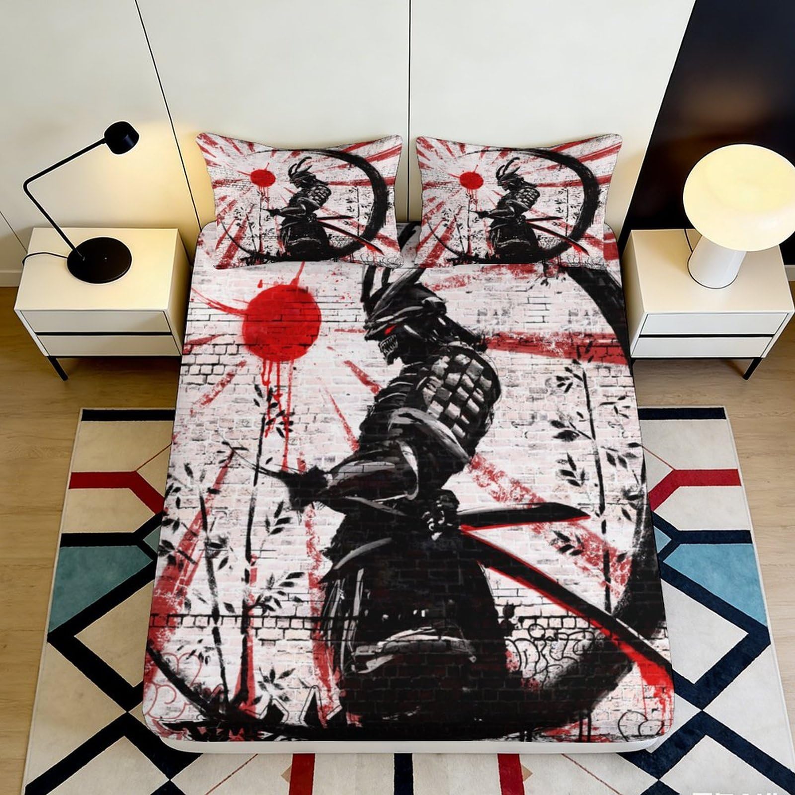 3D Printed Samurai Warrior Fitted Sheet Microfiber Artistic Red Black Japanese Bed Cover for Bedroom Dorm Decor 90x200x25cm