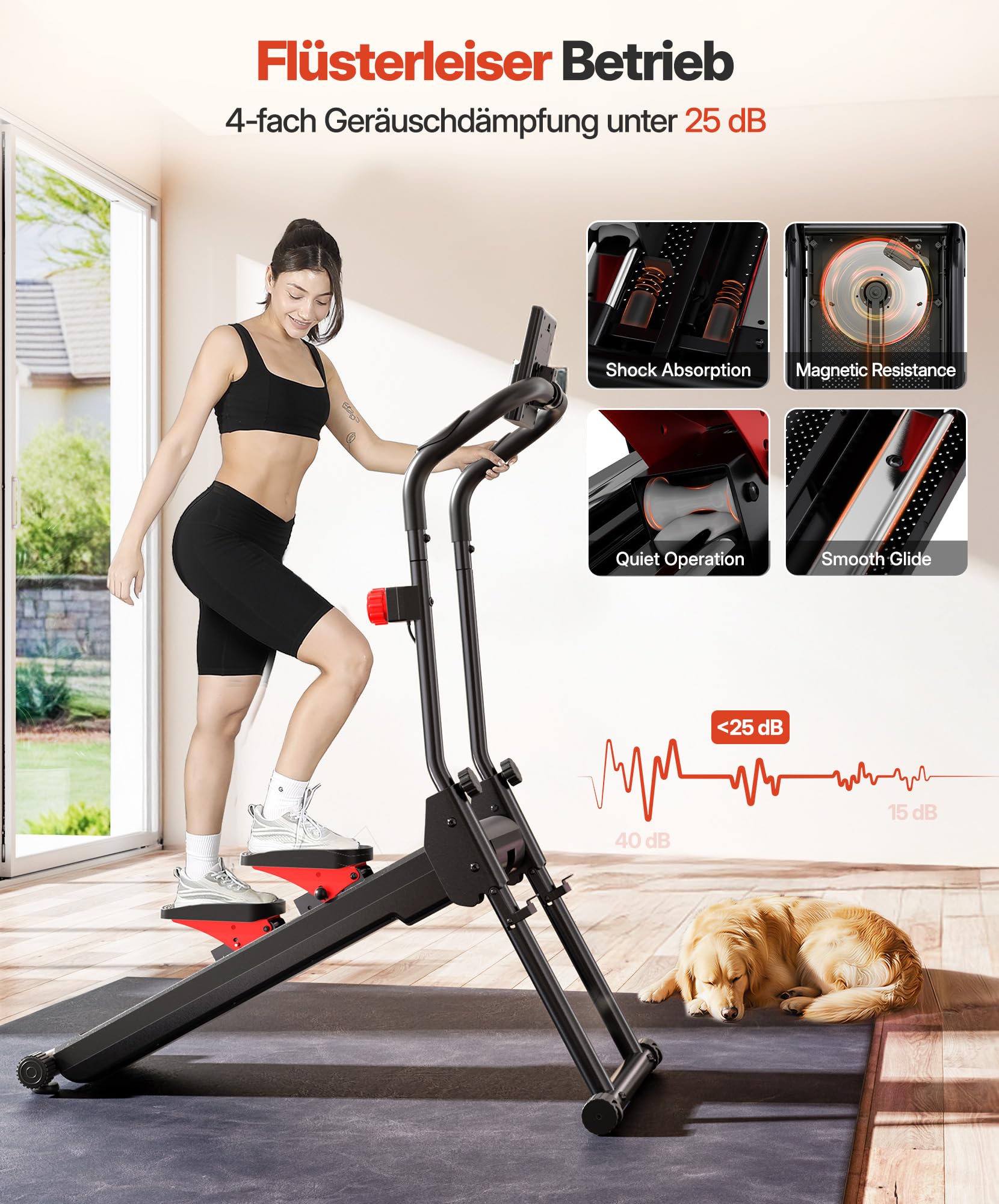 YOLEO Profi Stair Stepper mit Magnetwiderstand, 16-stufiger Treppensteiger für Zuhause, klappbares Cardio Fitnessgerät mit Handlauf, 71 cm Schrittlänge, LCD & Herzfrequenzsensor
