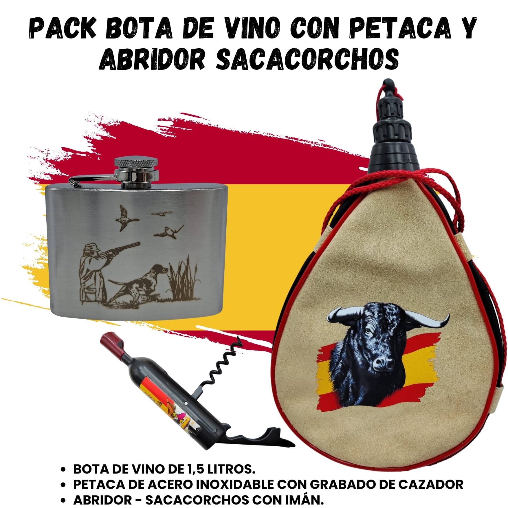 Pack Bota De Vino 1,5 L Taurina + Petaca con Grabado Cazador de 118 ml Jabalí De Acero Inoxidable Y Sacacorchos Con Imán | Regalo Para Caza Y Campo (Cazador)