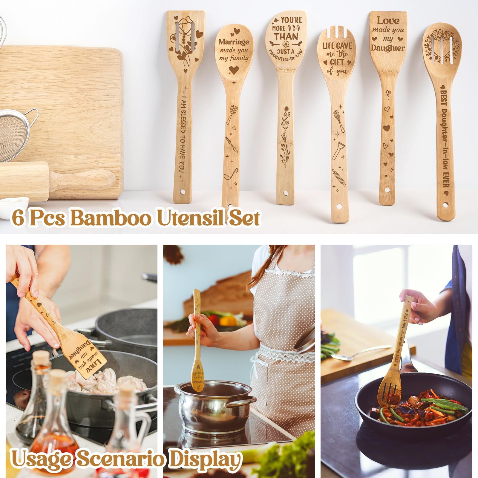 Mothers Day Gifts for Daughter in Law - Daughter in Law Themed Bamboo Spoons Set, Daughter in Law Birthday Gifts with Engraved Quotes, Idea Kitchen Spoons, Daughter in Law Birthday Gifts