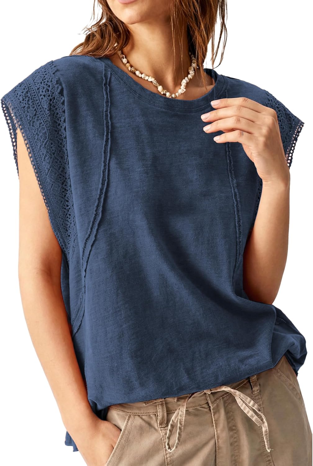 Ynhonra Womens Boho Lace Cap Sleeve Top Casual Loose Summer Tee Floral Eyelet Shirts Travel Vacation Outfit(Navy-S)