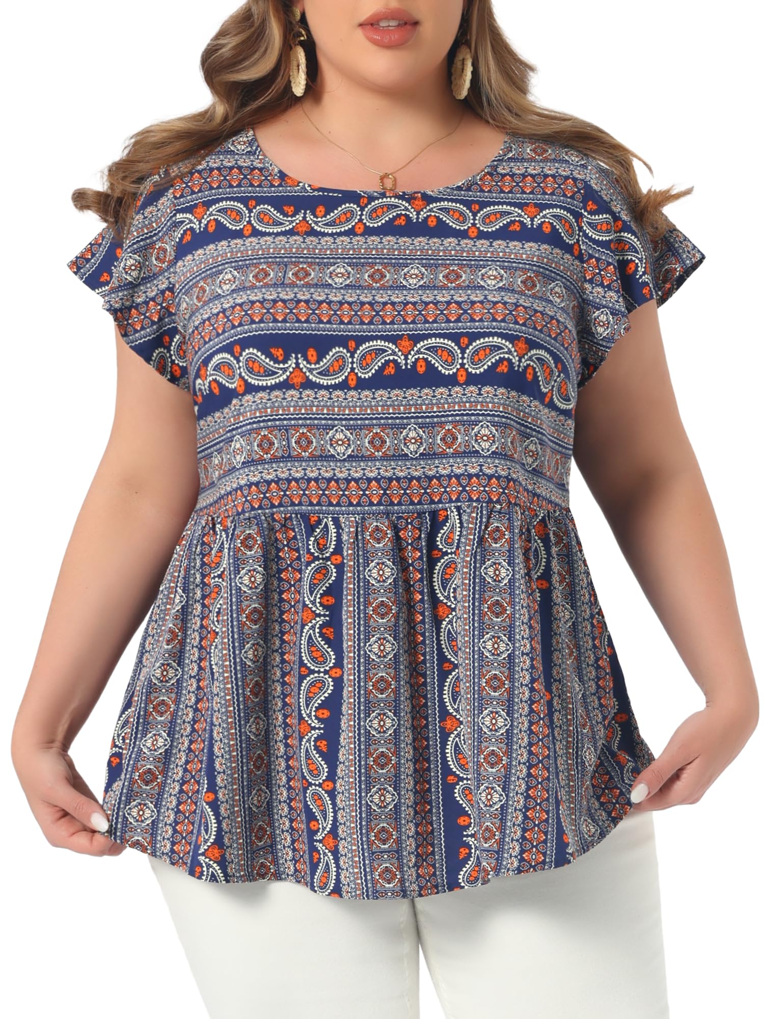 Plus Size Top for Women Boho Floral Printed Round Neck Ruffle Sleeve Blouses Shirts 2024