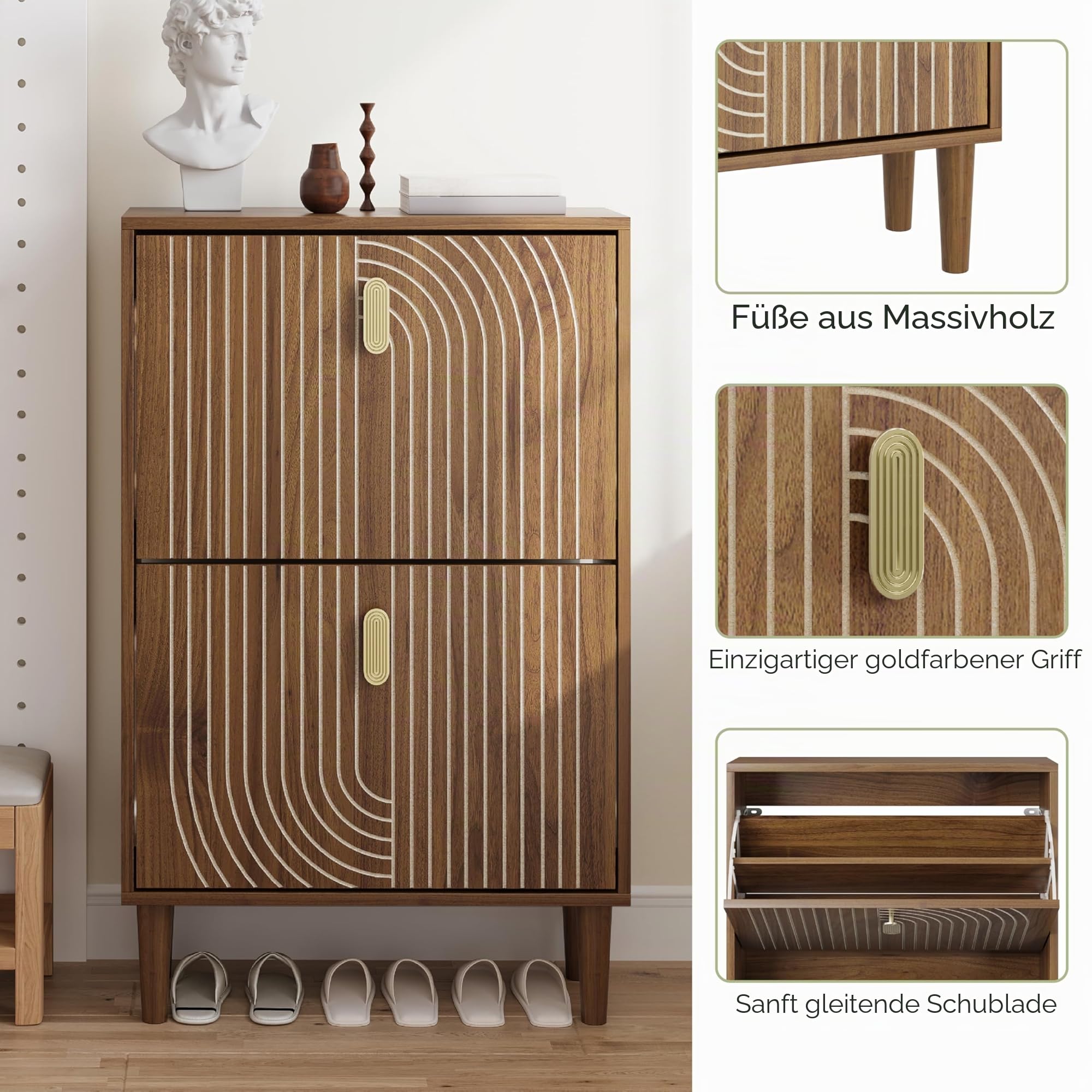 Smuxee Schuhschrank mit 2 Klappfächern, 60 cm Nussbaum Optik Schuhschrank mit Rillendesign, freistehender Schuhorganizer für Flur, Diele & Wohnzimmer