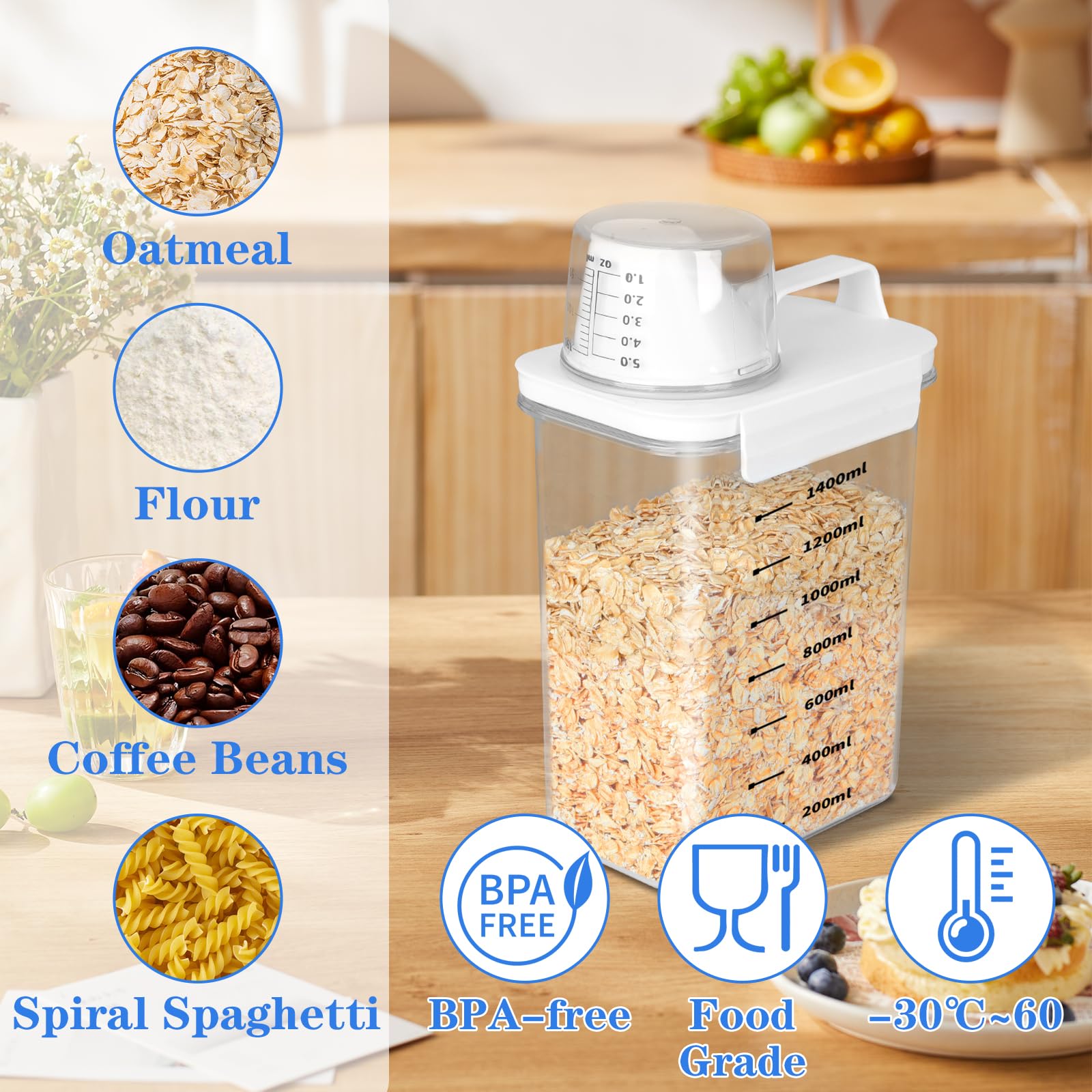 2 Pezzi 1800ML Dispenser Detersivo Lavatrice con Misurino, Ermetico Contenitori Detersivi Lavanderia, Dosatore per Detersivo e Detersivo in Polvere, Contenitore per Cereali Zucchero Muesli